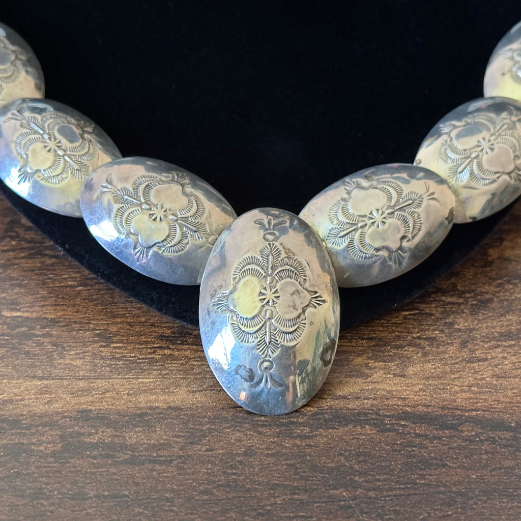 AM Signed Reversible Sterling Fleur De Lis Hand Stamped Pillow Bead Necklace Earrings Set