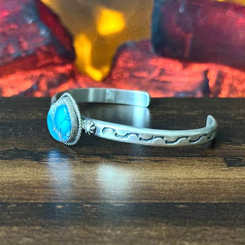 Navajo Samuel Yellowhair Golden Hills Turquoise Sterling Hand Stamped Cuff