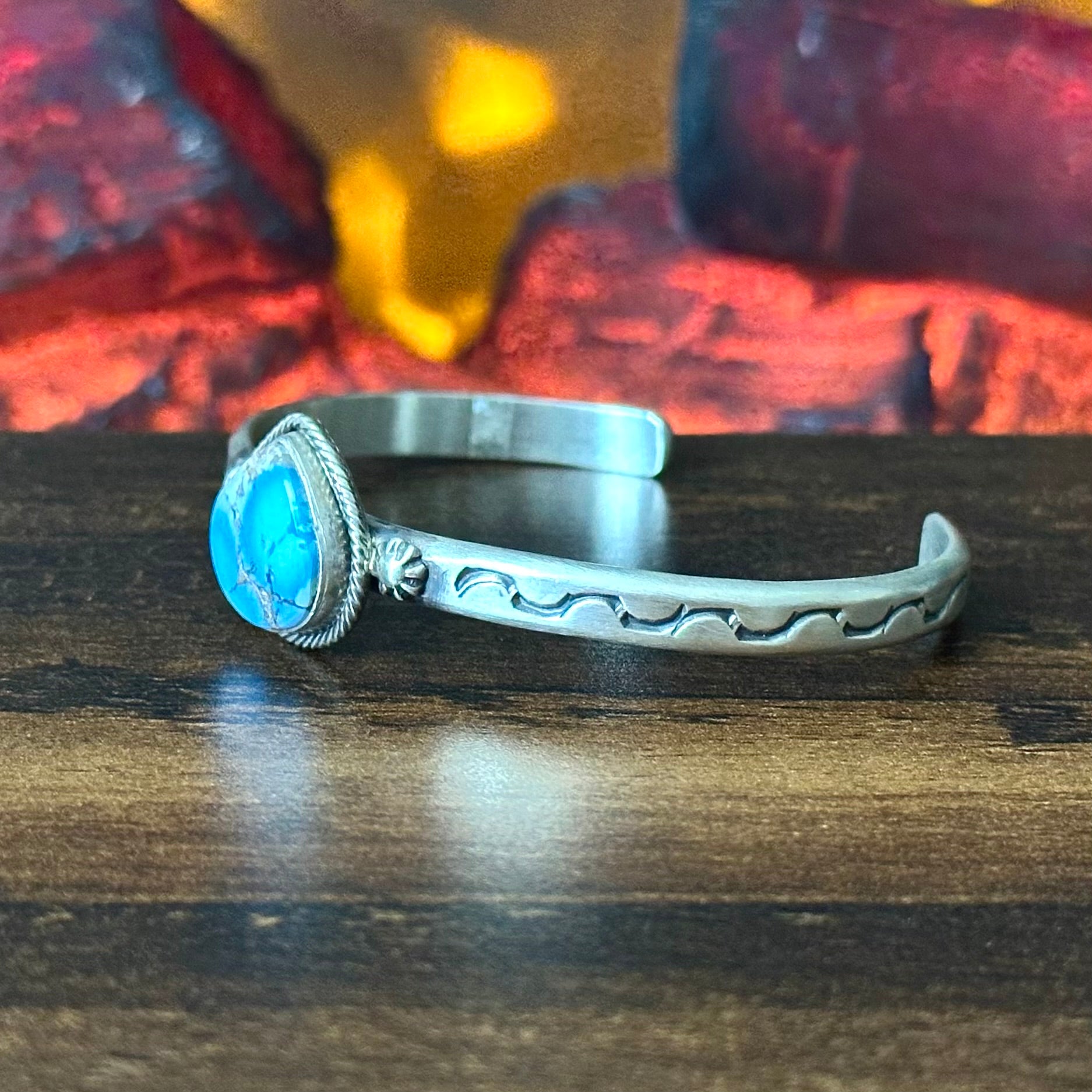 Navajo Samuel Yellowhair Golden Hills Turquoise Sterling Hand Stamped Cuff