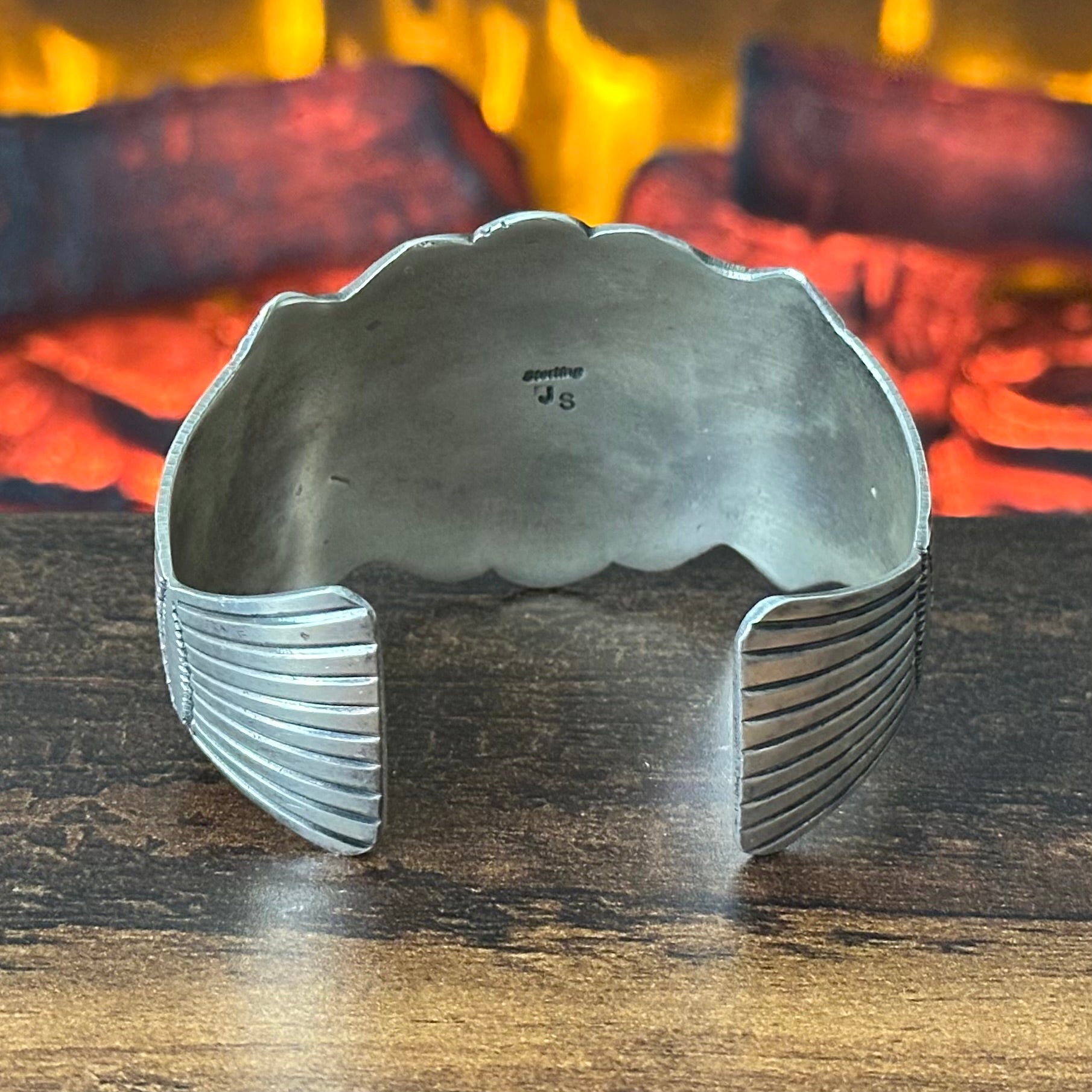 JS Signed Green Turquoise 13 Stone Sterling Hand Stamped Statement Cuff