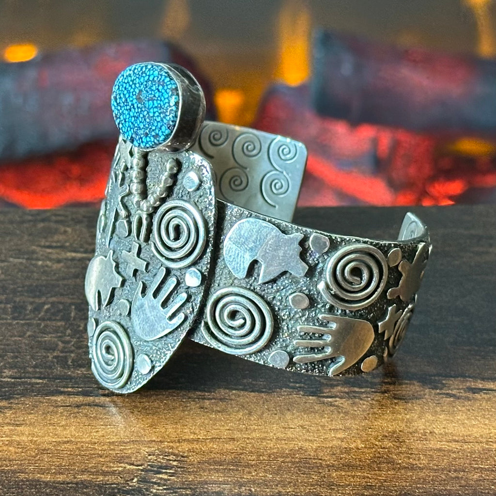 Navajo Alex Sanchez Webbed Turquoise Sterling Petroglyph Hand Stamped Statement Cuff