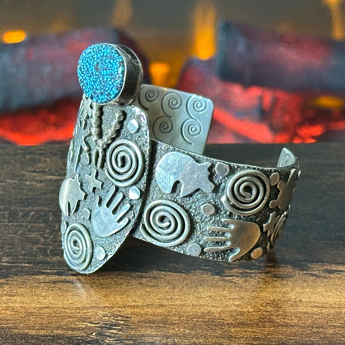 Navajo Alex Sanchez Webbed Turquoise Sterling Petroglyph Hand Stamped Statement Cuff