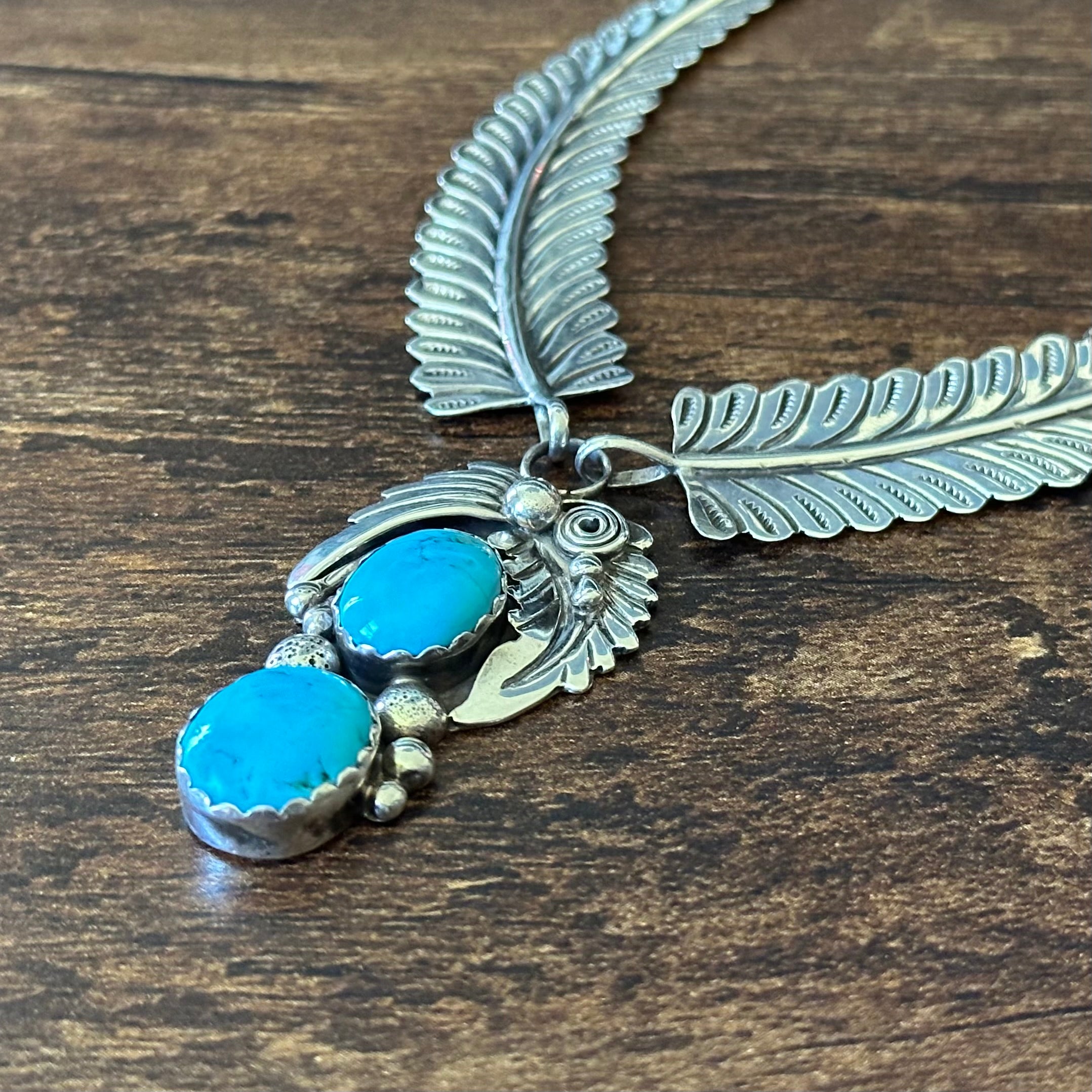 D Signed Turquoise Sterling Hand Stamped Twist Wire Feather Statement Necklace