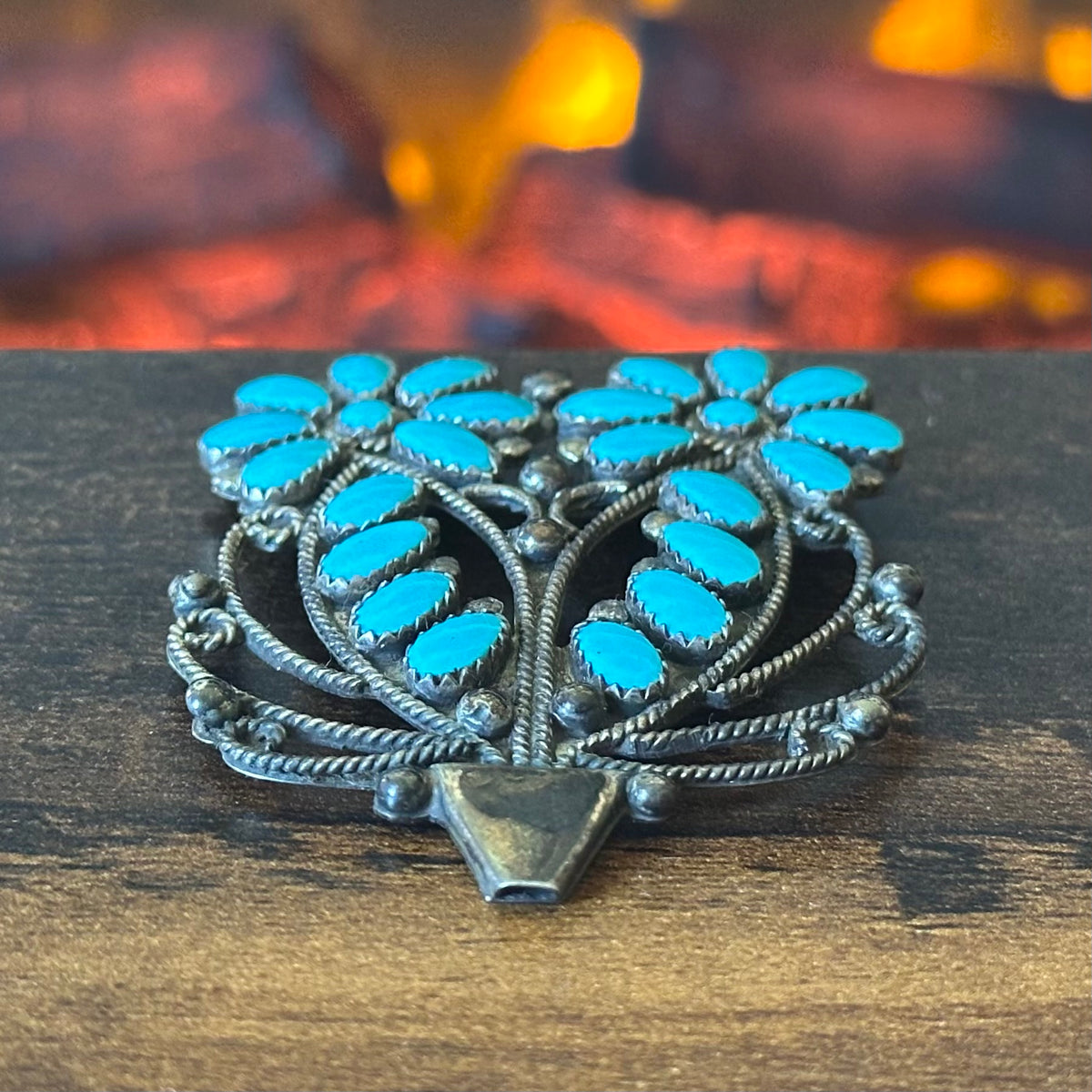 Navajo Larry Moses Begay Turquoise 24 Stone Sterling Petite Point Flowerpot Twist Wire Brooch