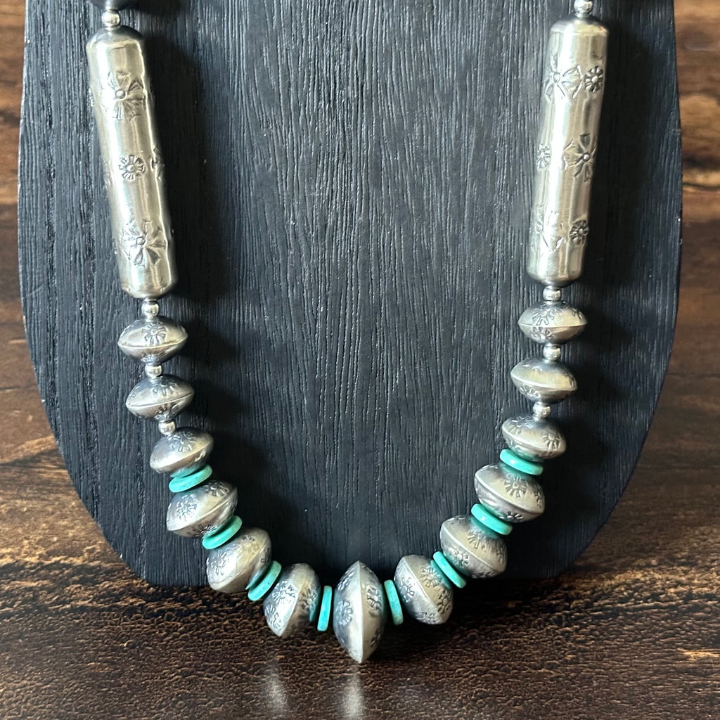 Navajo Tysha Aparicio Turquoise Sterling Handmade Floral Cylinder Bead Stamped Necklace Earrings Set