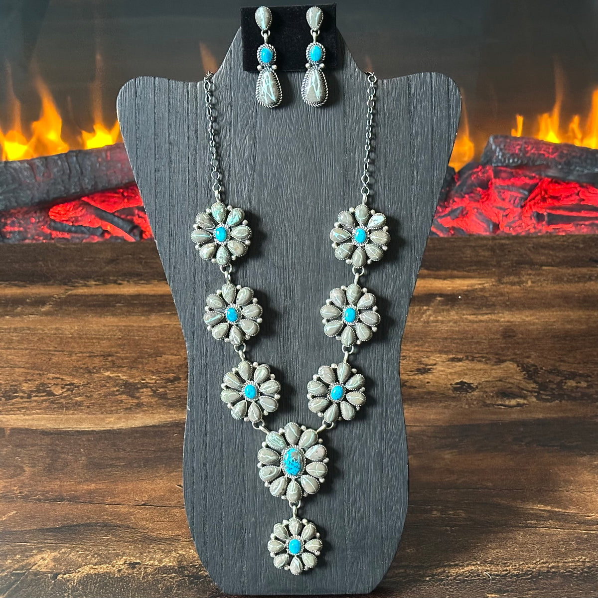 Navajo Pansy Johnson Carico Lake Ribbon & Persian Turquoise 74 Stone Sterling Cluster Statement Necklace Earrings Set