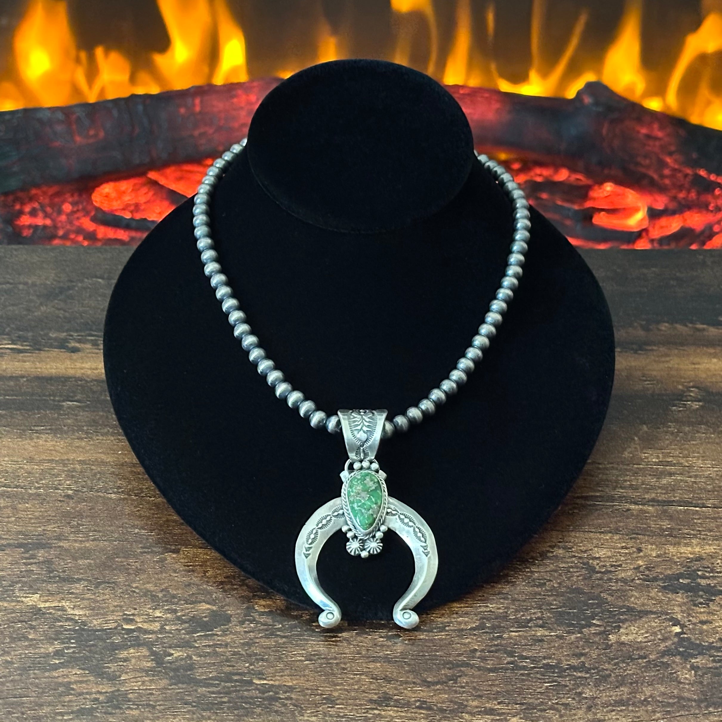 Navajo Samuel Yellowhair Sonoran Gold Turquoise Sterling Hand Stamped Naja Pendant Necklace