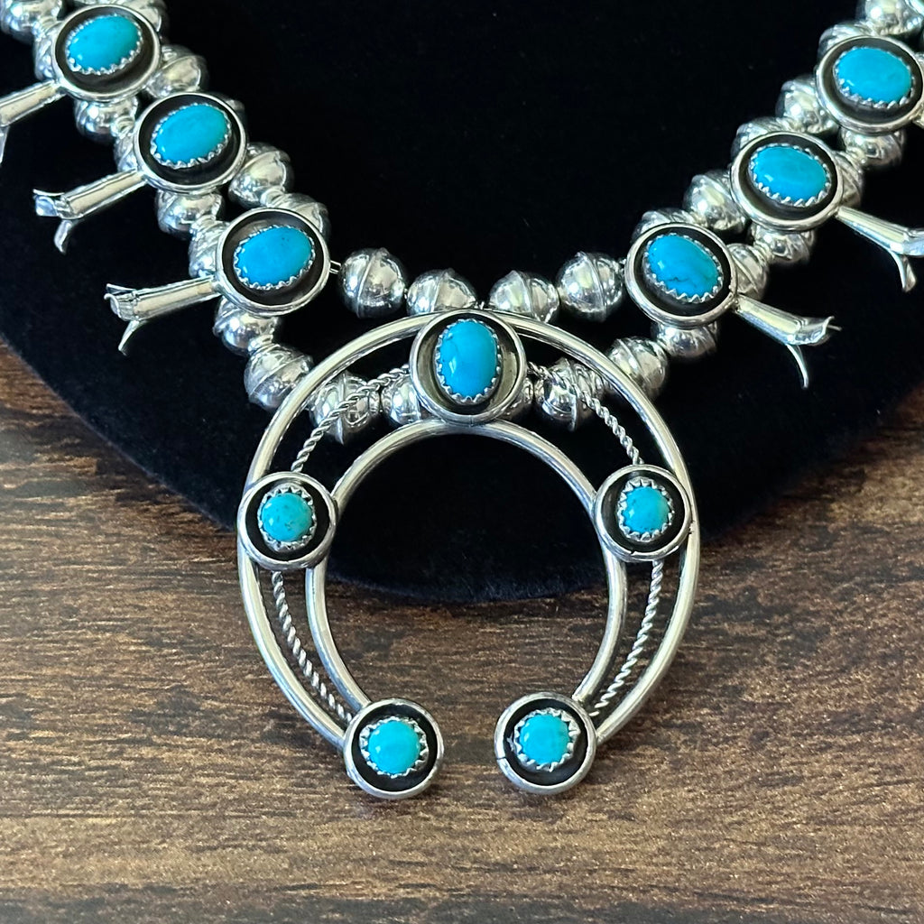 Navajo Phil & Lenora Garcia Sleeping Beauty Turquoise 19 Stone Sterling Squash Blossom Earrings Set