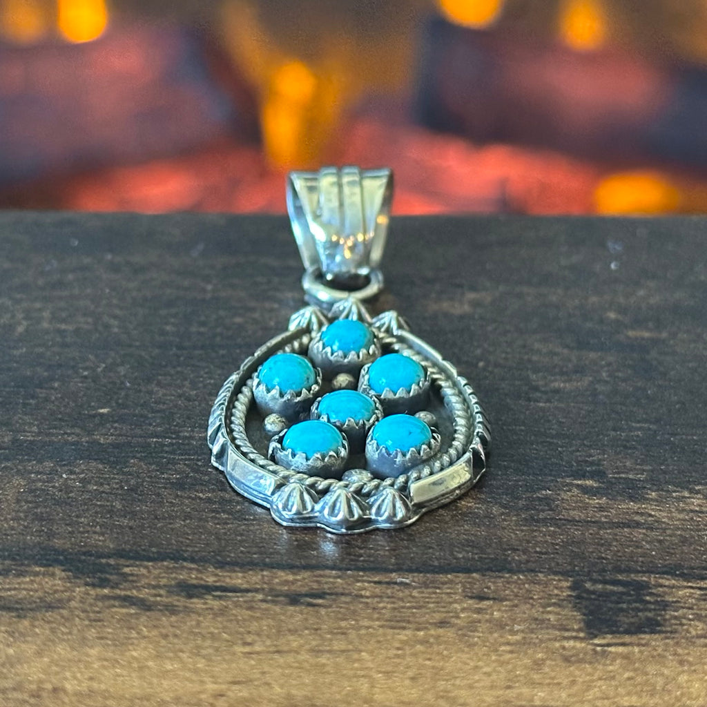 Navajo Kenny Lonjose Turquoise 6 Stone Sterling Twist Wire Raindrop Cluster Pendant