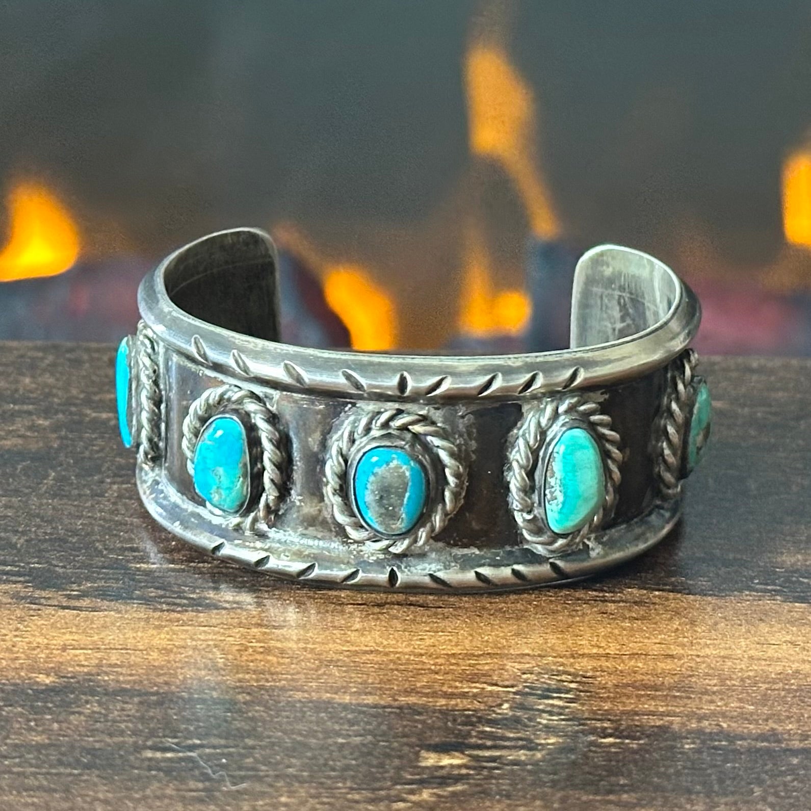Vintage Turquoise 5 Stone Sterling “1972” Twist Wire Statement Cuff