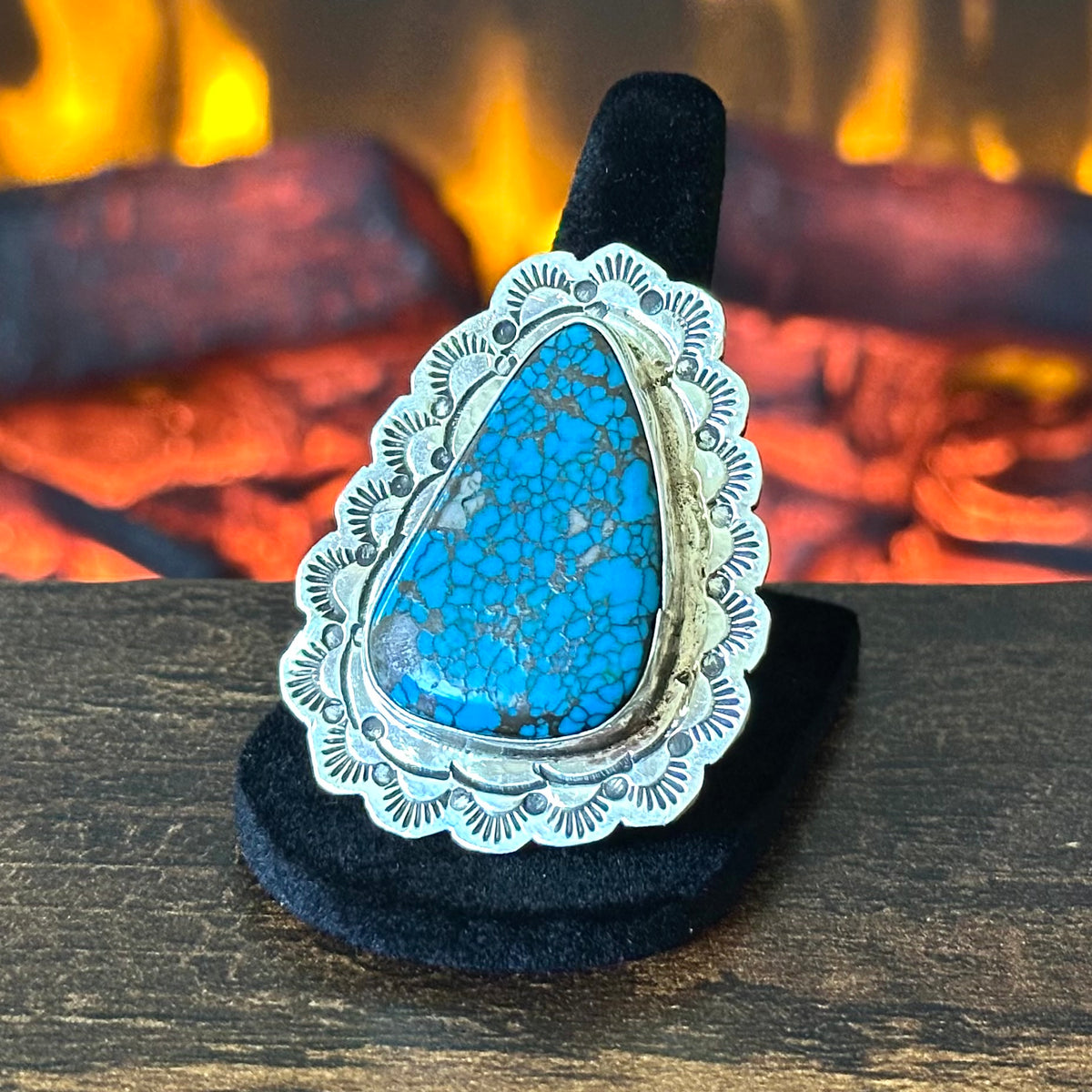 San Felipe Jacob Troncosa Webbed Turquoise Sterling Hand Stamped Adjustable Statement Ring