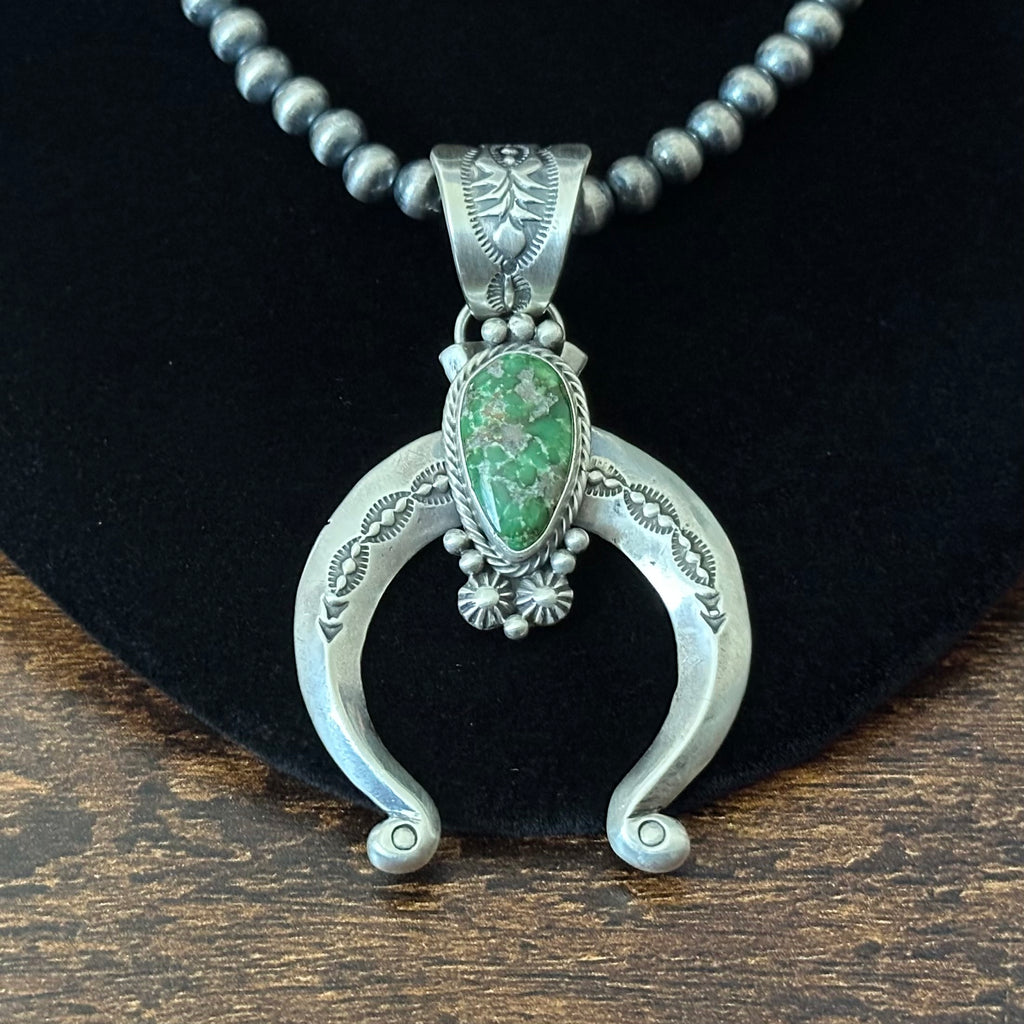 Navajo Samuel Yellowhair Sonoran Gold Turquoise Sterling Hand Stamped Naja Pendant Necklace