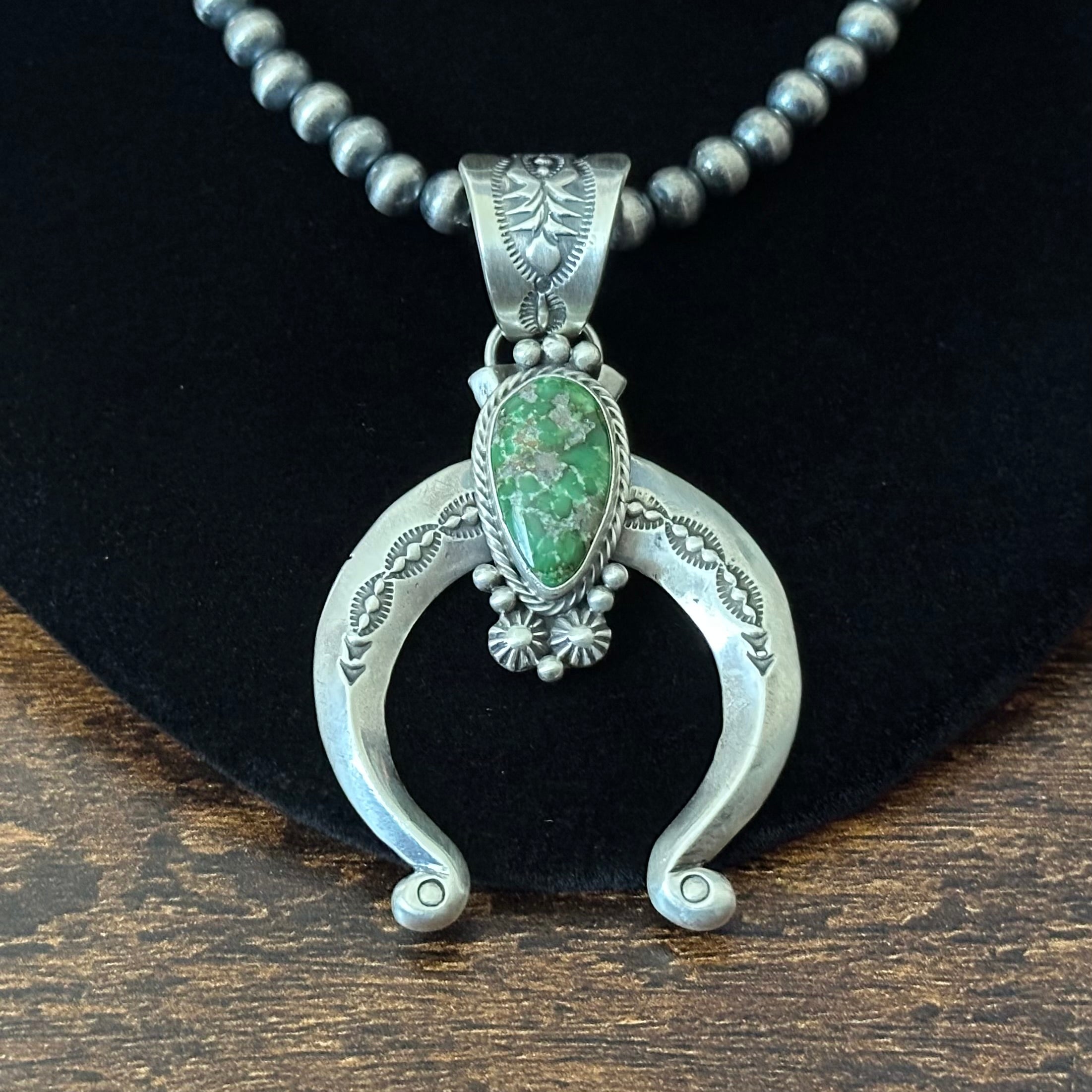 Navajo Samuel Yellowhair Sonoran Gold Turquoise Sterling Hand Stamped Naja Pendant Necklace