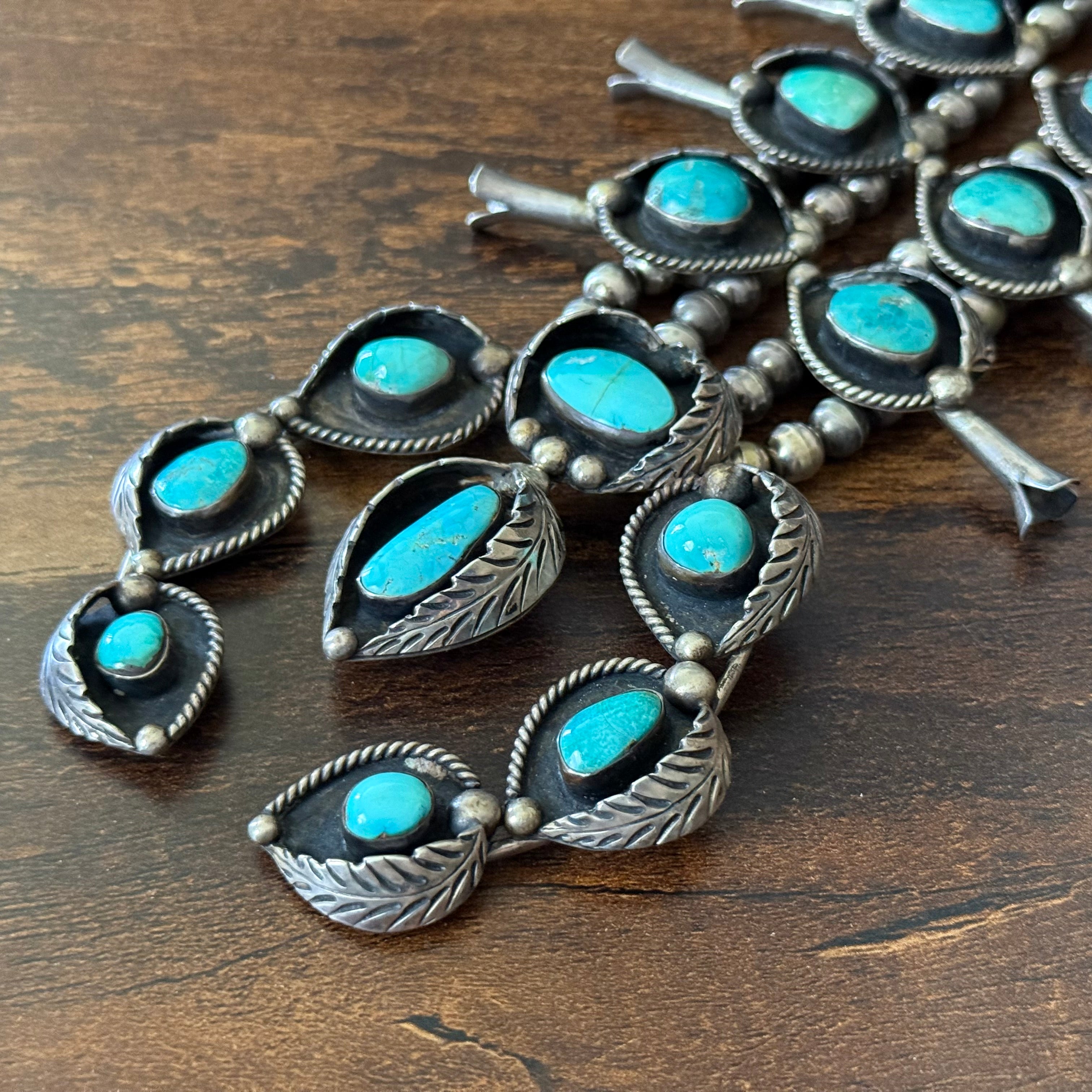 1970-80s Turquoise 20 Stone Sterling Leaf Shadowbox Squash Blossom