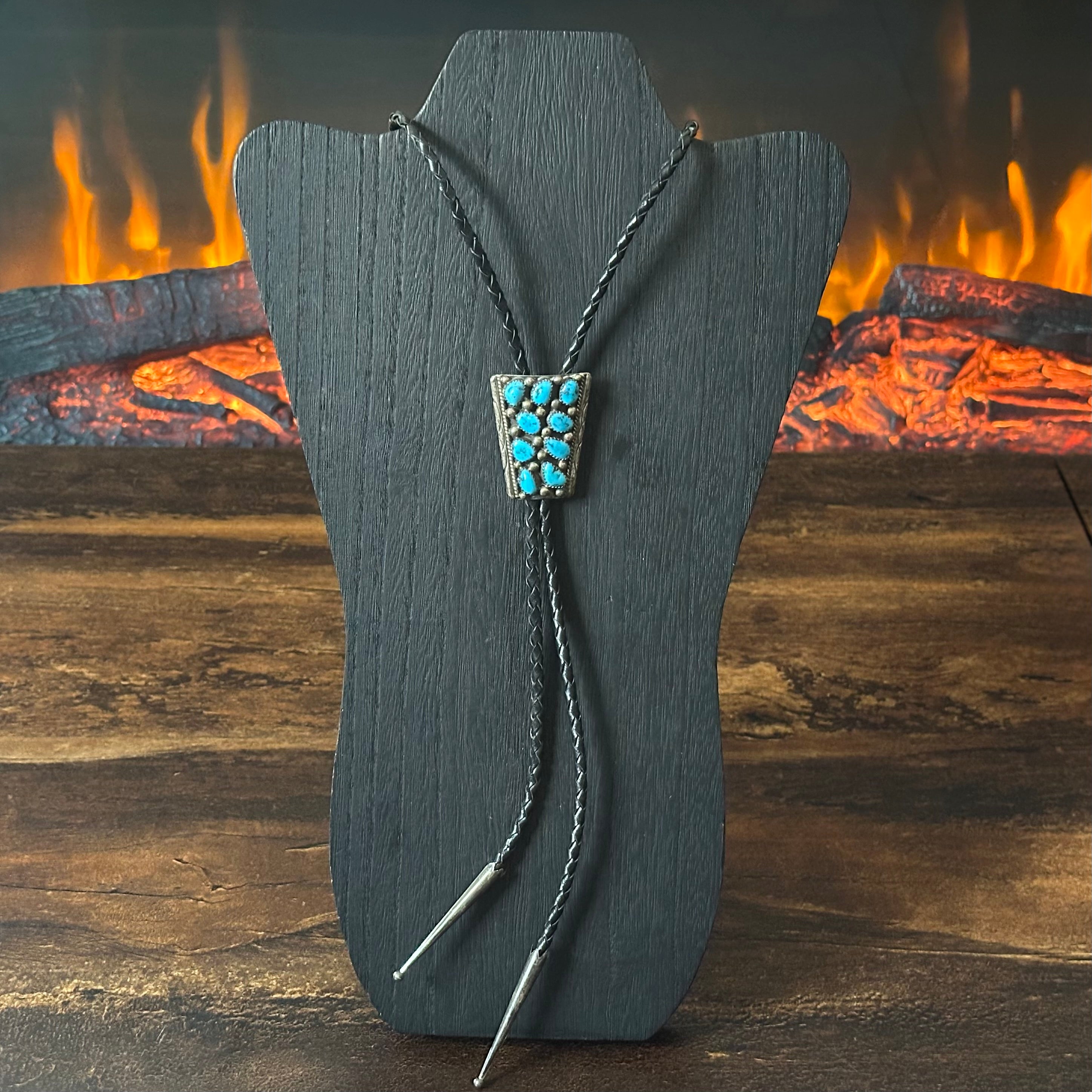 Navajo Dorothy Secatero Turquoise Sterling 9 Stone Cluster Hand Stamped Bolo Tie
