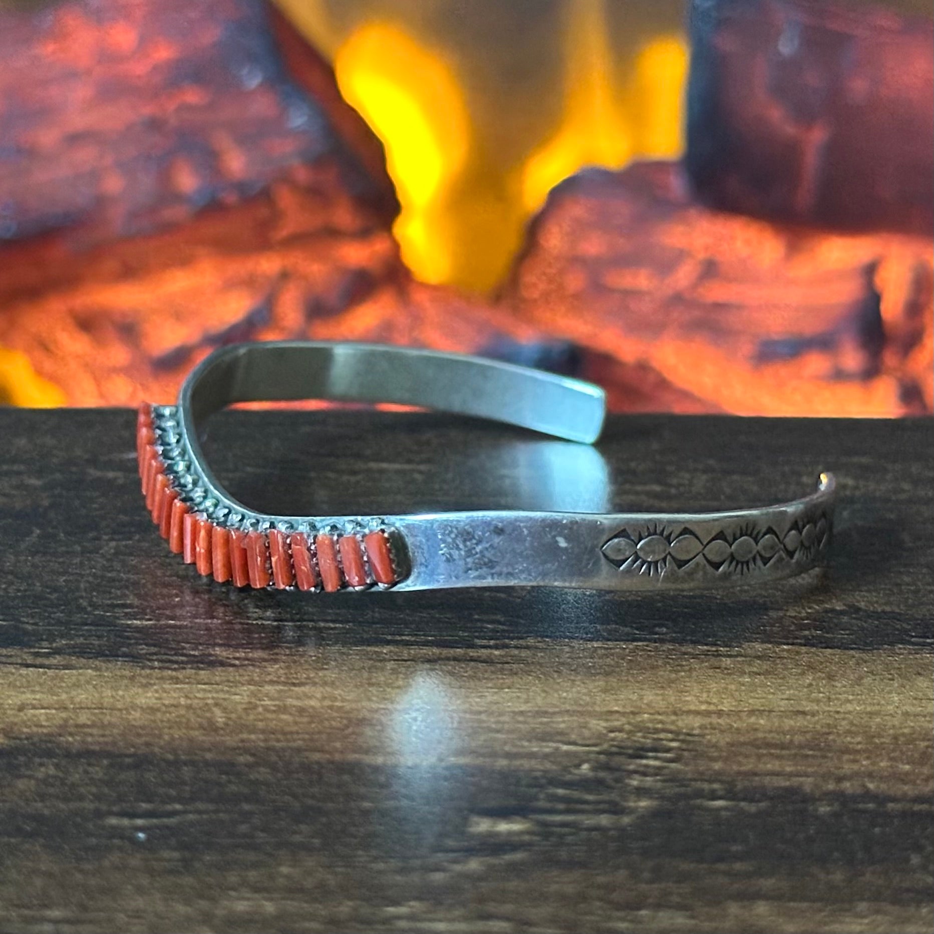 RL Signed Red Coral 18 Stone Sterling Hand Stamped Needlepoint Cuff