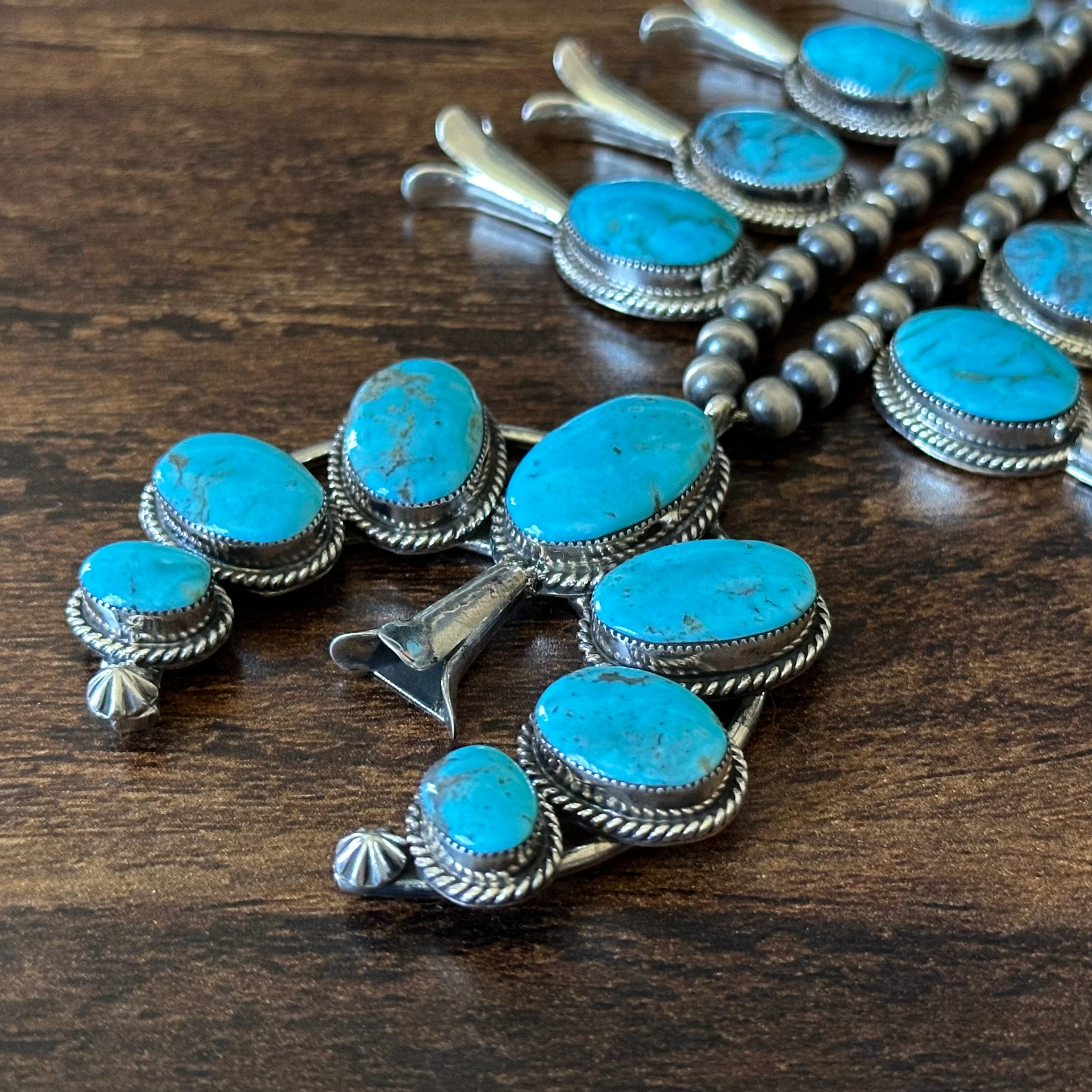 Running Bear Trading Turquoise 17 Stone Sterling Twist Wire Squash Blossom