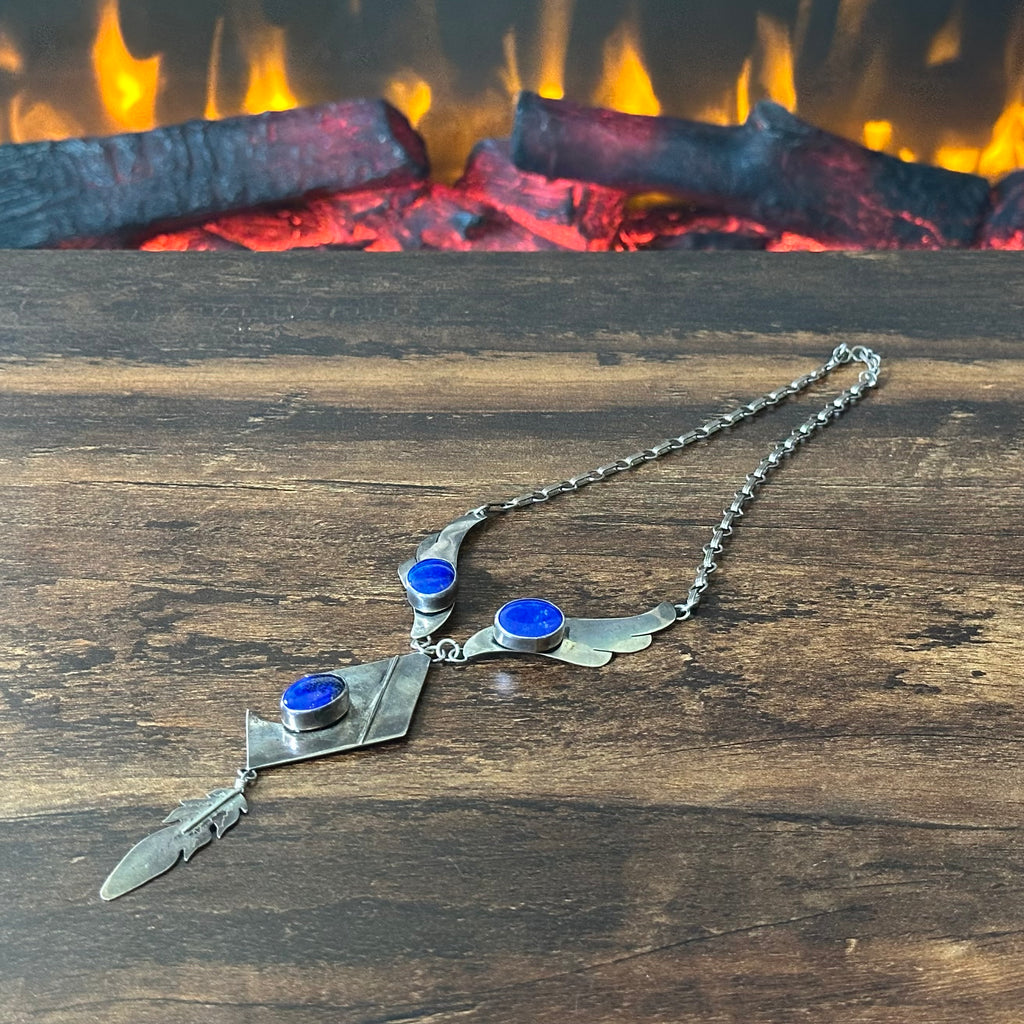 Navajo Leonard & Marian Nez Lapis 3 Stone Sterling Abstract Wing Feather Necklace