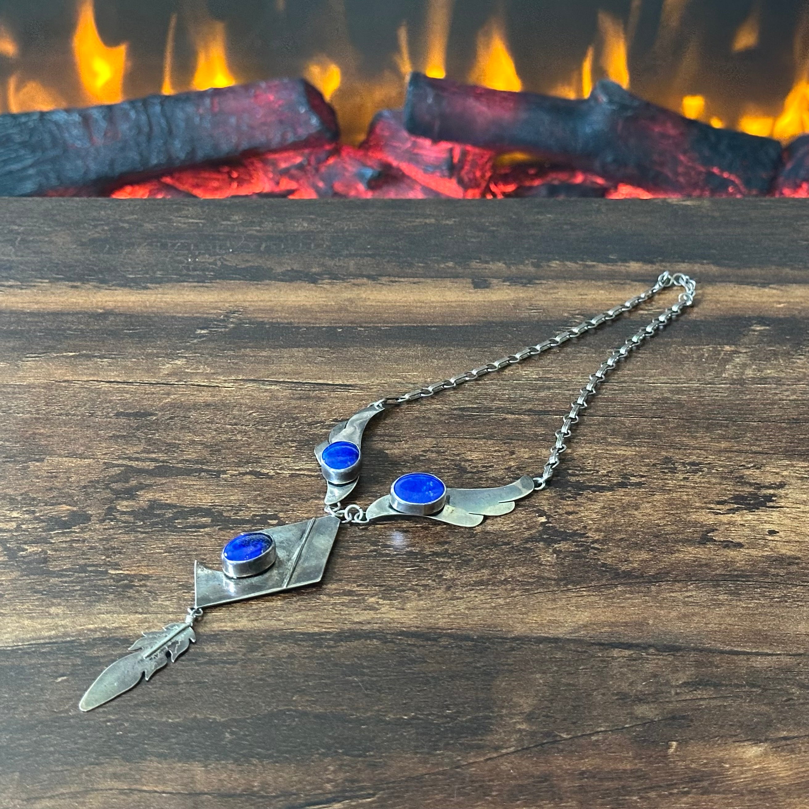 Navajo Leonard & Marian Nez Lapis 3 Stone Sterling Abstract Wing Feather Necklace