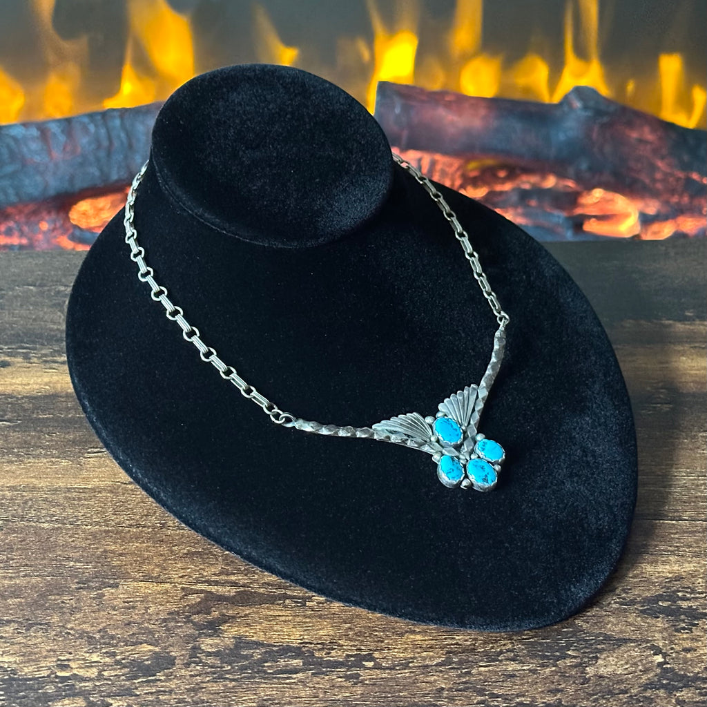 Vintage Turquoise 4 Stone Sterling Raindrop Fan Necklace