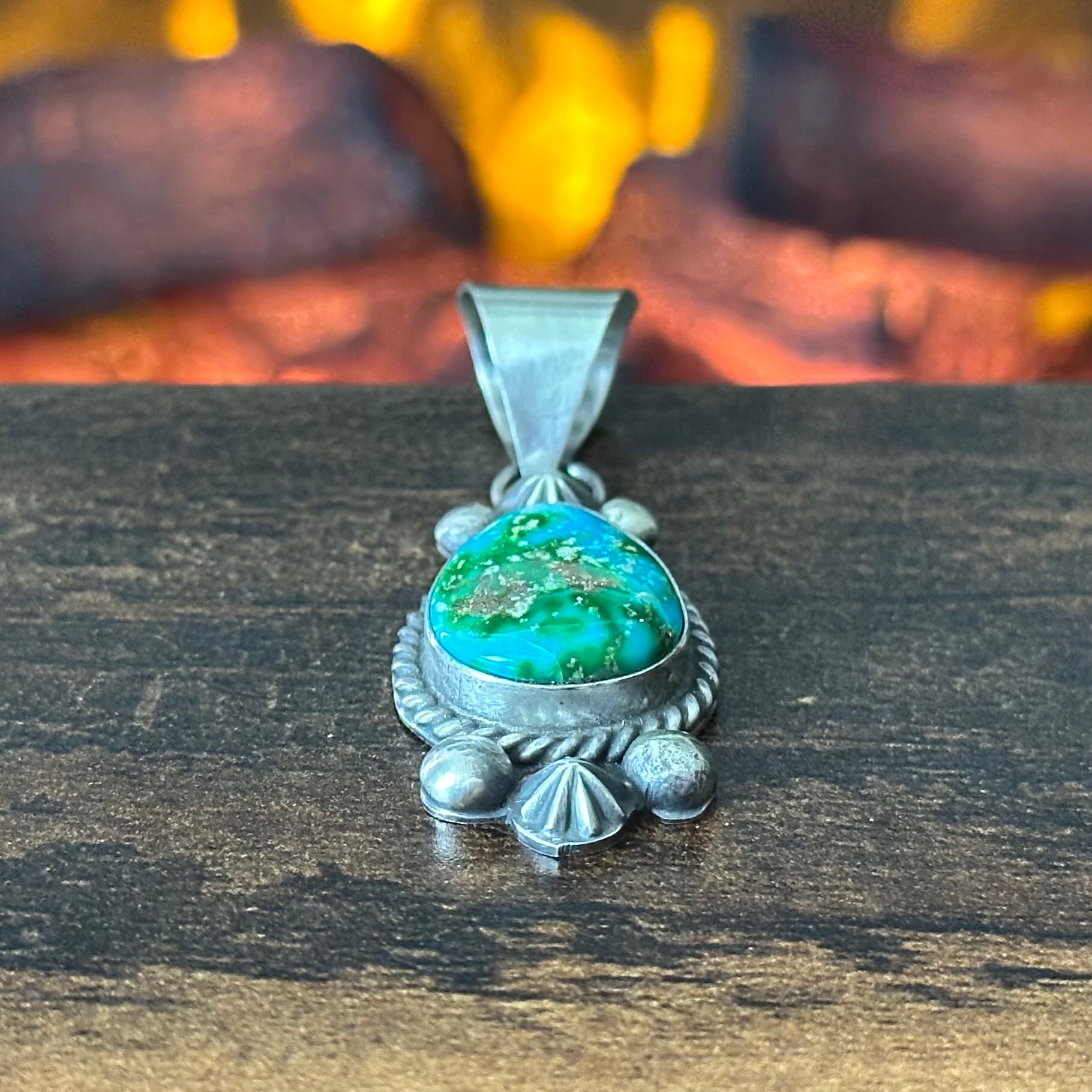 Navajo Marita Benally Sonoran Gold Turquoise Sterling Twist Wire Bezel Pendant