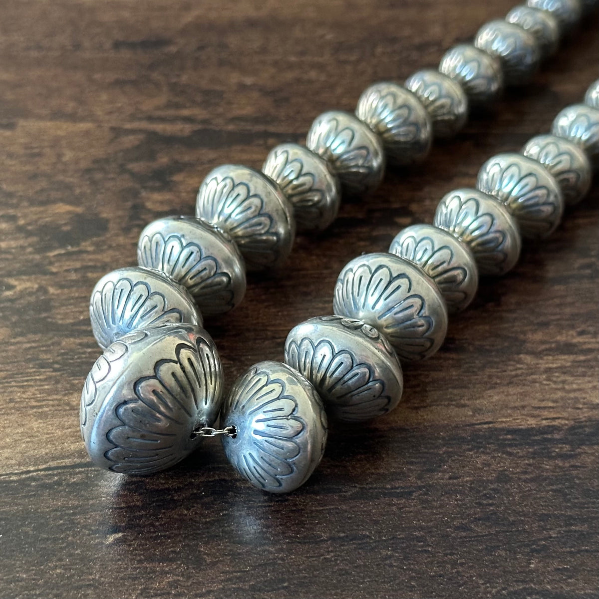 SW Signed Sterling Handmade Graduated Hand Stamped Floral Pearl Necklace