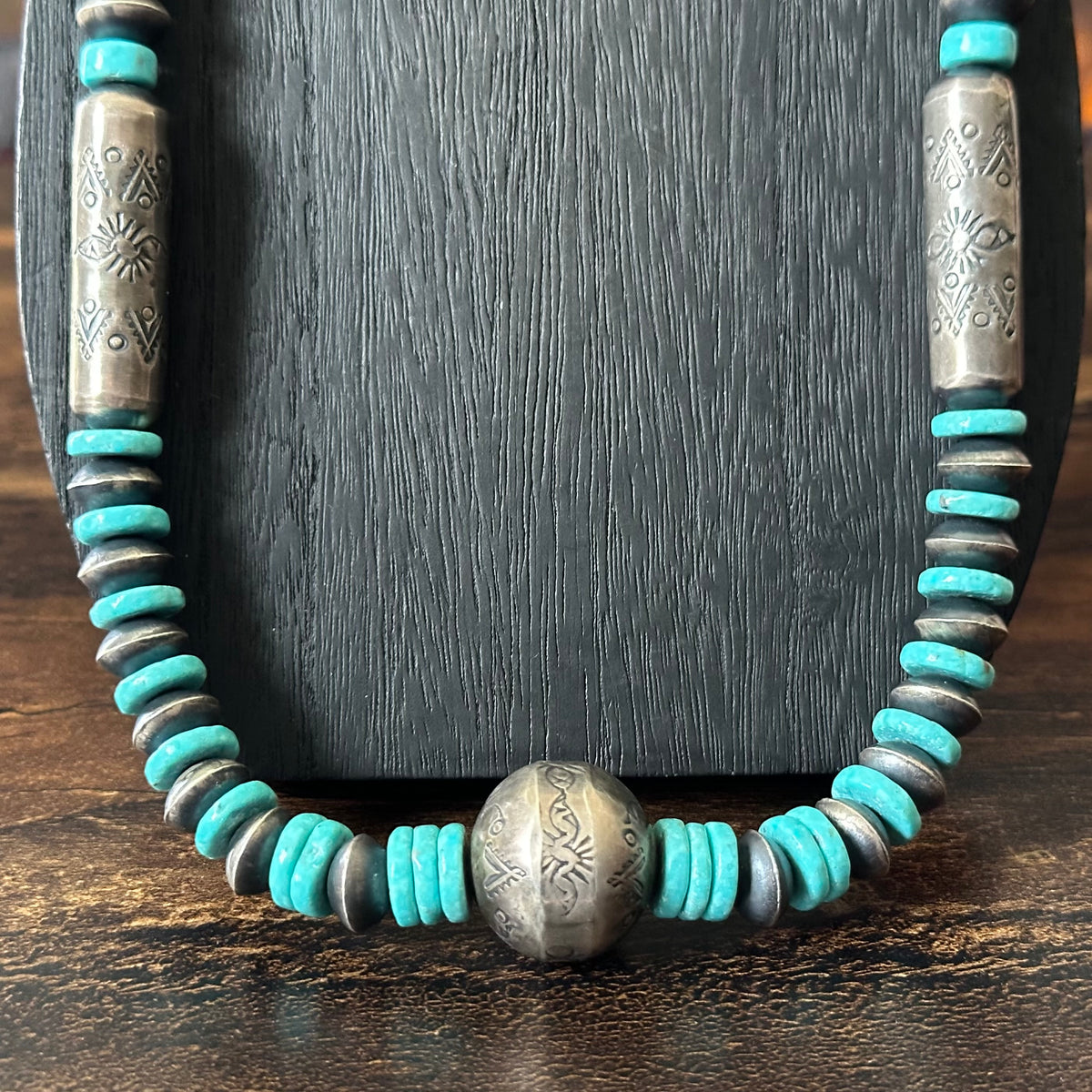 Navajo Sophia Becenti Turquoise Sterling Graduated Handmade Stamped Cylinder Bead Necklace Earrings Set