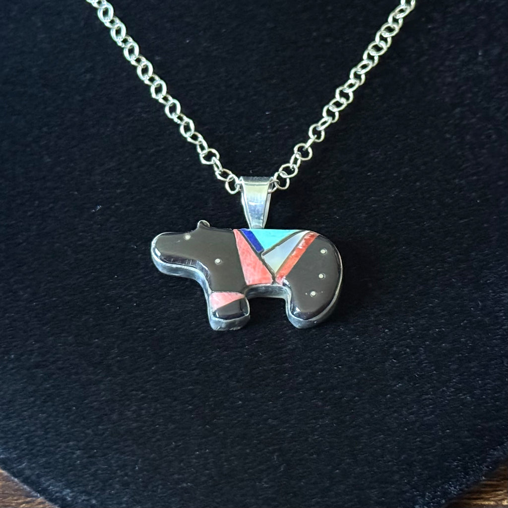Navajo Gilbert Smith Turquoise Onyx Spiny Oyster Mother of Pearl Lapis Sterling Bear Micro Inlay Pendant Necklace