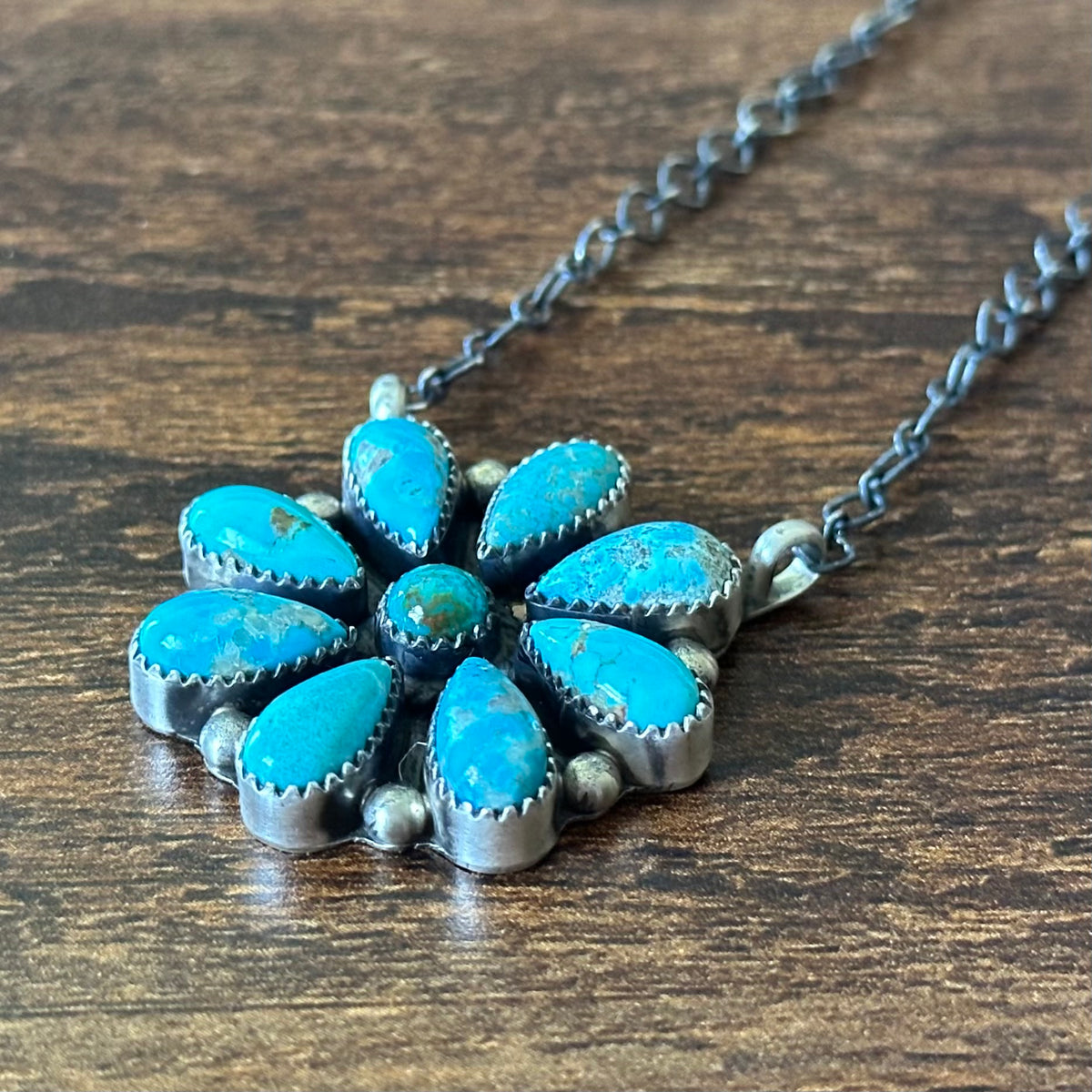 Navajo Tricia Smith Turquoise 9 Stone Sterling Floral Cluster Pendant Necklace