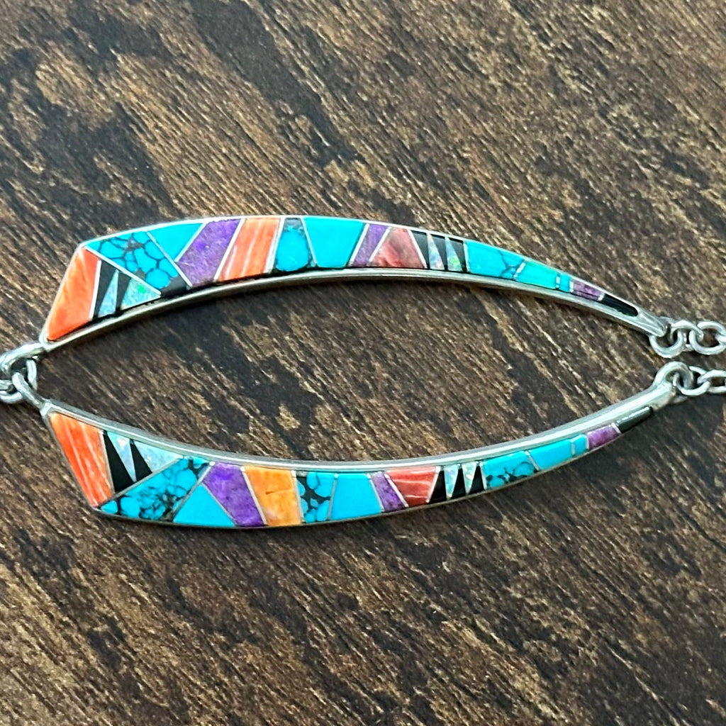 Touch of Santa Fe Turquoise Red Coral Spiny Oyster Sugilite Onyx Opal Sterling Inlay Necklace