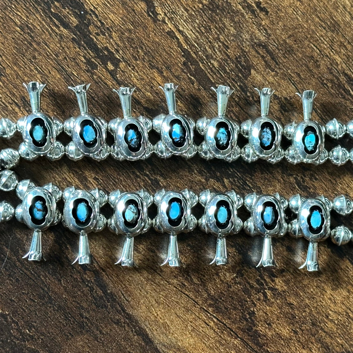 Navajo Phil & Lenora Garcia Golden Hills Turquoise 19 Stone Sterling Shadowbox Squash Blossom Necklace Earrings Set