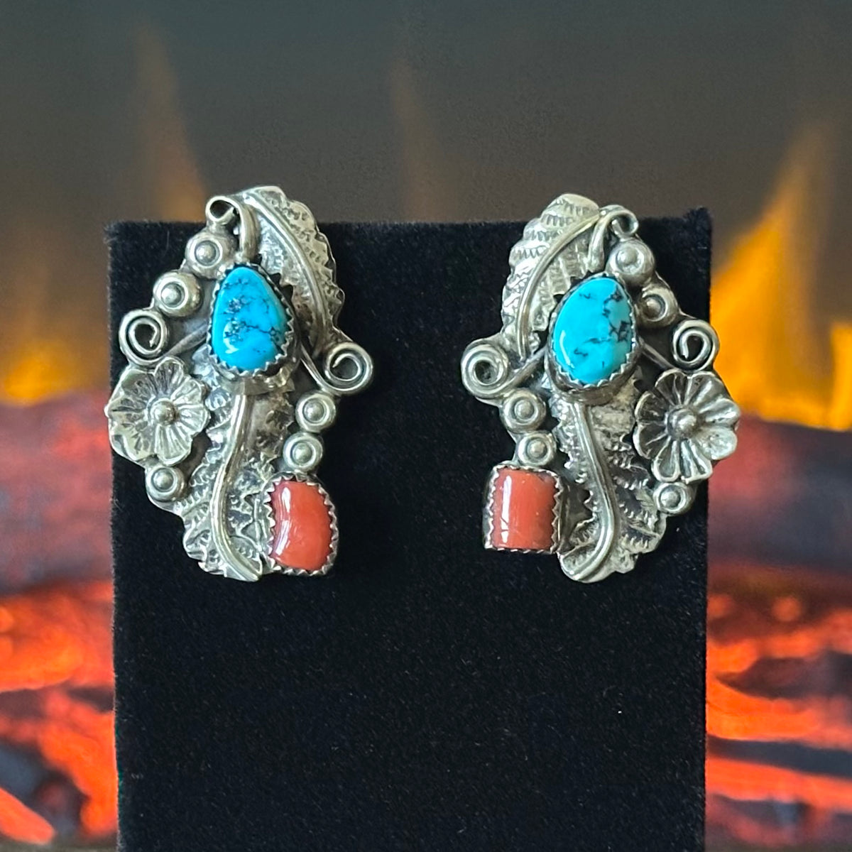 Navajo Harry B Yazzie Vintage Turquoise Red Coral Ornate Floral Stud Earrings