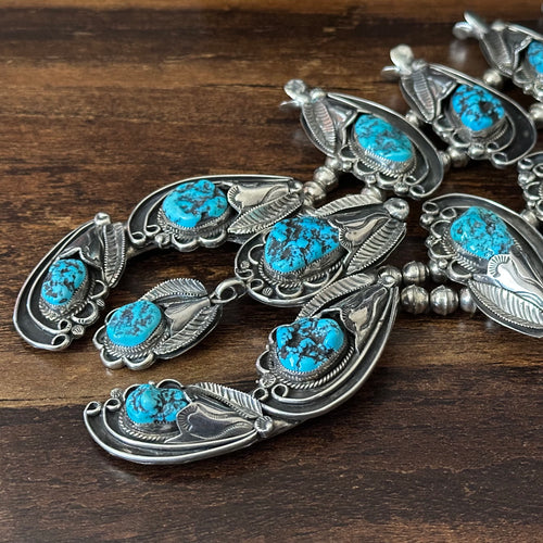 1970s GH Signed Turquoise 18 Nugget Stone Sterling Hand Stamped Ornate Squash Blossom Necklace Earrings Set
