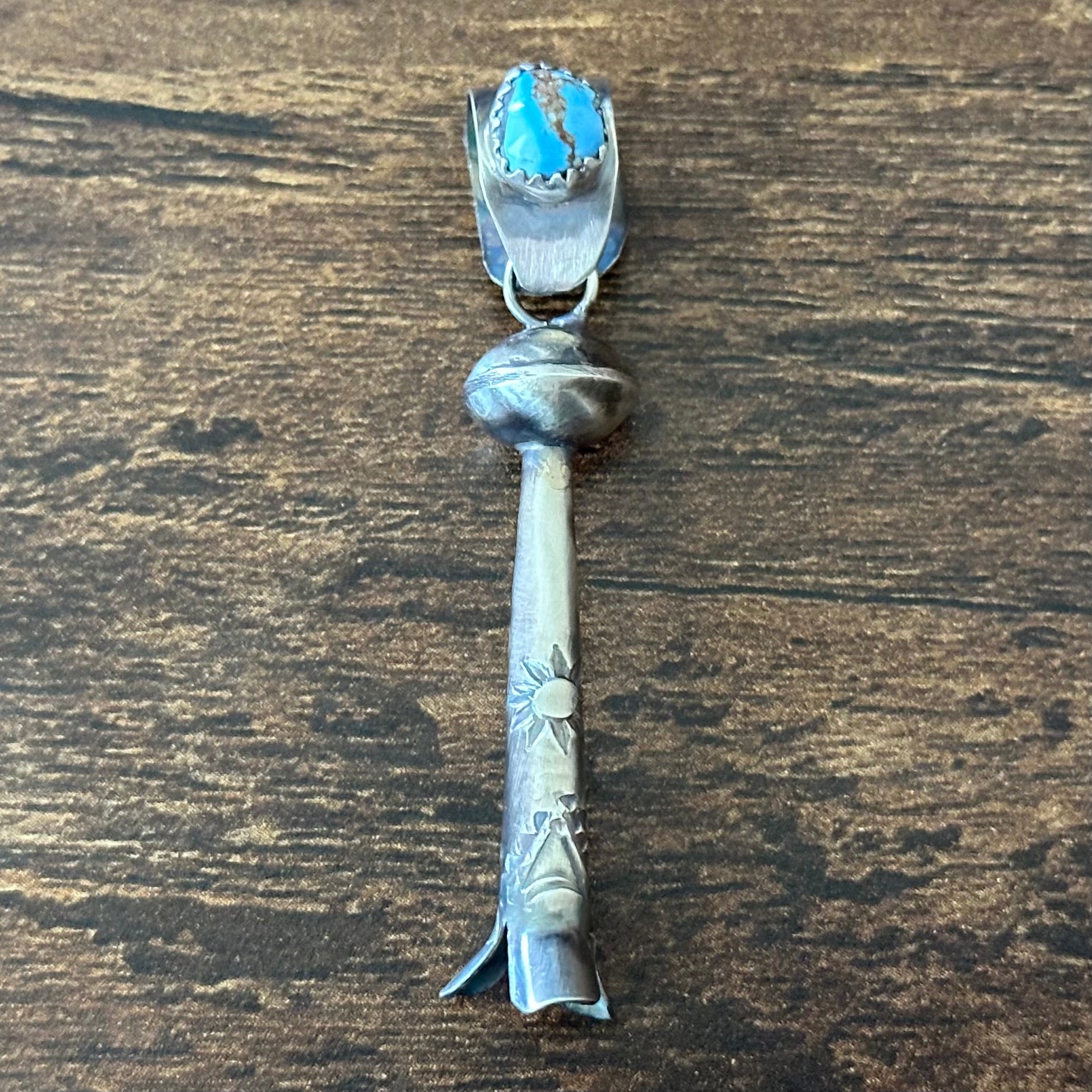 Navajo Phil & Lenora Garcia Golden Hills Turquoise Sterling Hand Stamped Blossom Pendant