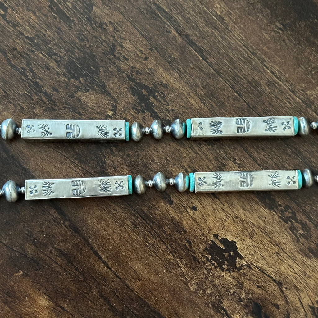 Navajo Tysha Aparicio Turquoise Sterling Handmade Rectangular Bead Stamped Necklace Earrings Set