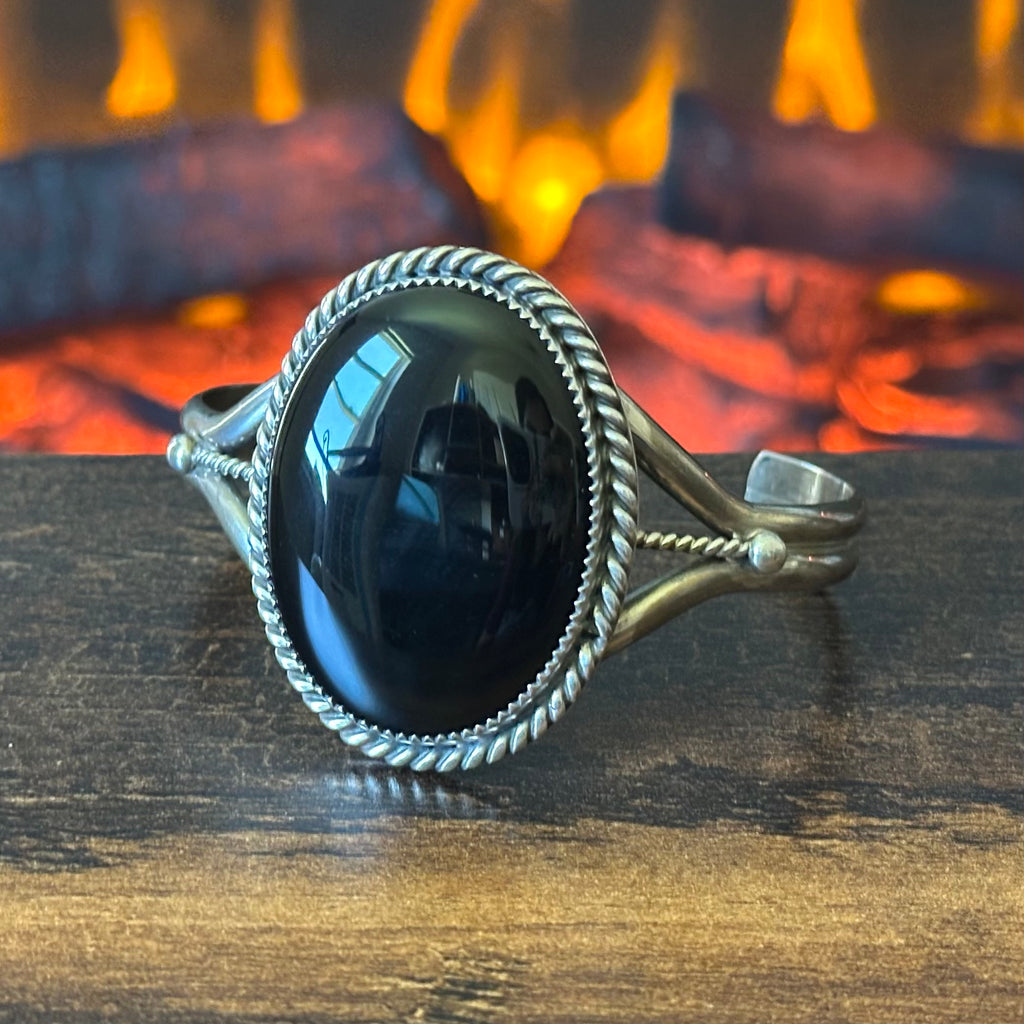 Navajo Pat Yazzie Onyx Sterling Twist Wire Bezel Statement Cuff