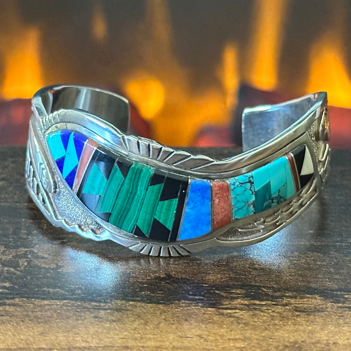 Navajo Calvin Begay Turquoise Malachite Onyx Lapis Red Coral Sterling Overlay Geometric Inlay Cuff