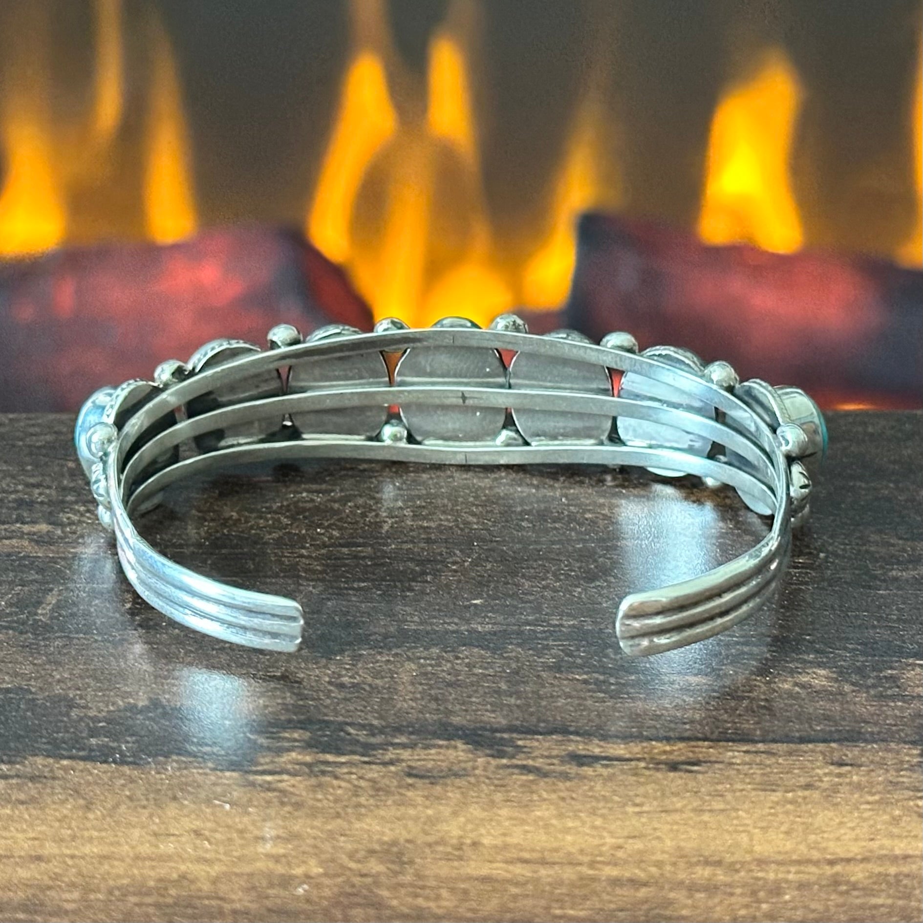 Navajo Jimmy Garcia Turquoise 7 Stone Sterling Twist Wire Bezel Raindrop Cuff