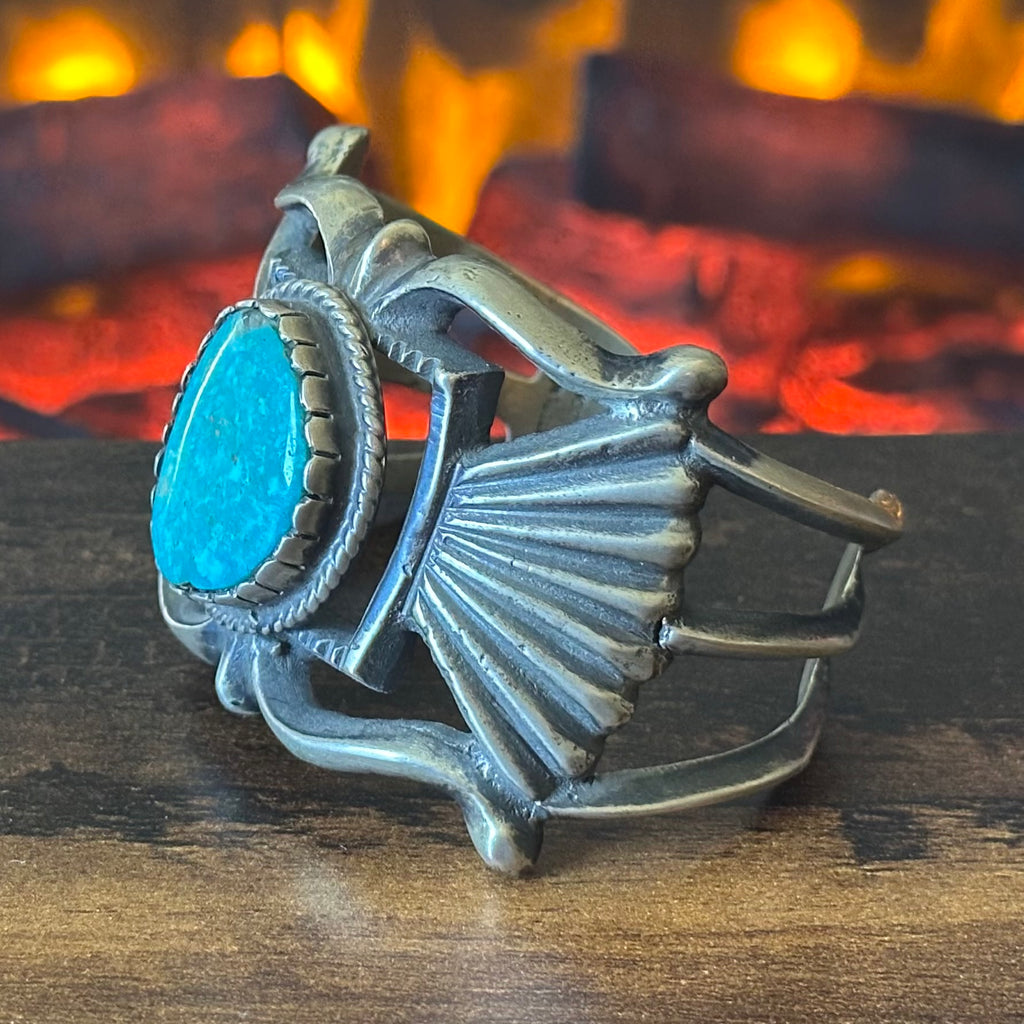 Heavy T. Jon Signed Turquoise Sterling Sandcast Statement Cuff
