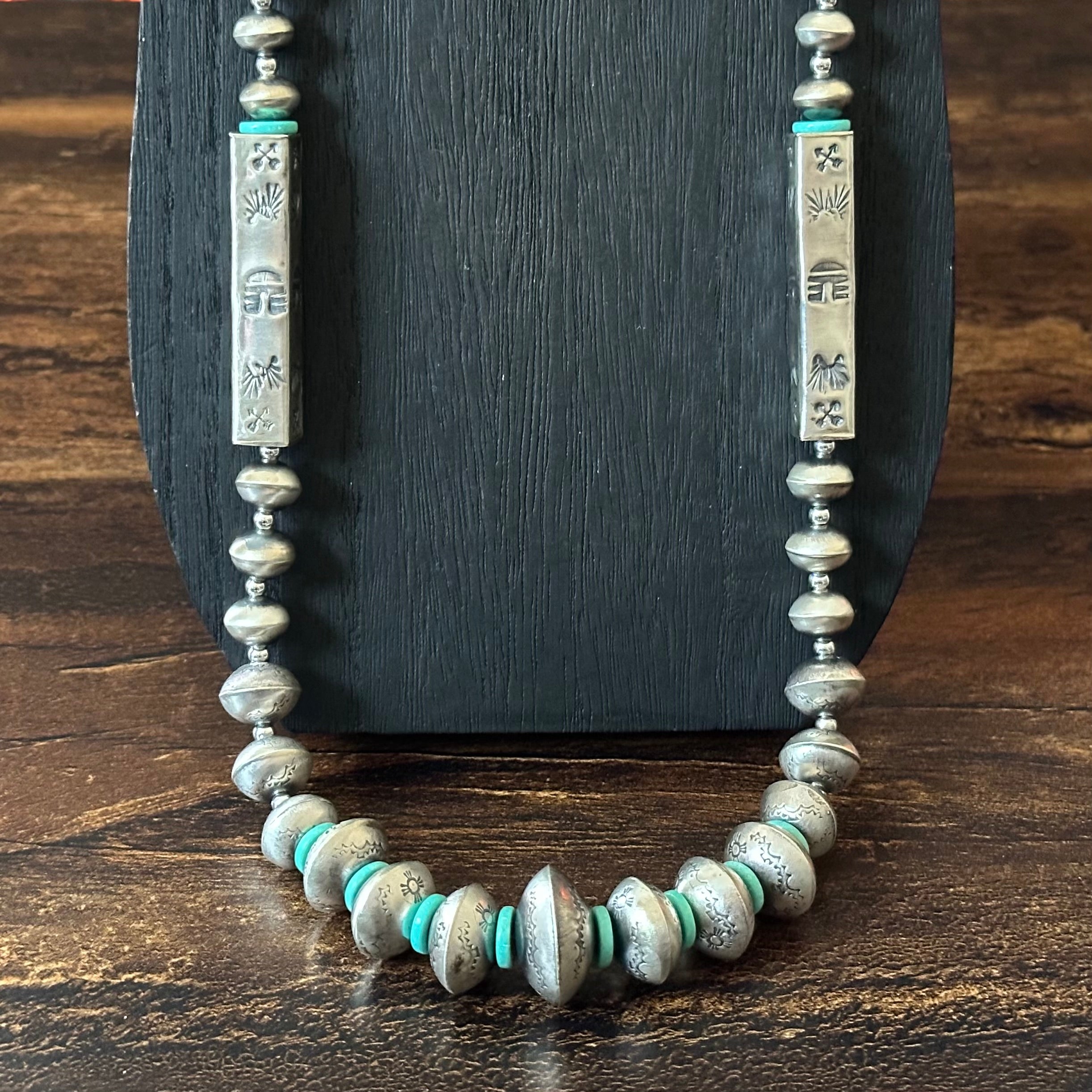 Navajo Tysha Aparicio Turquoise Sterling Handmade Rectangular Bead Stamped Necklace Earrings Set