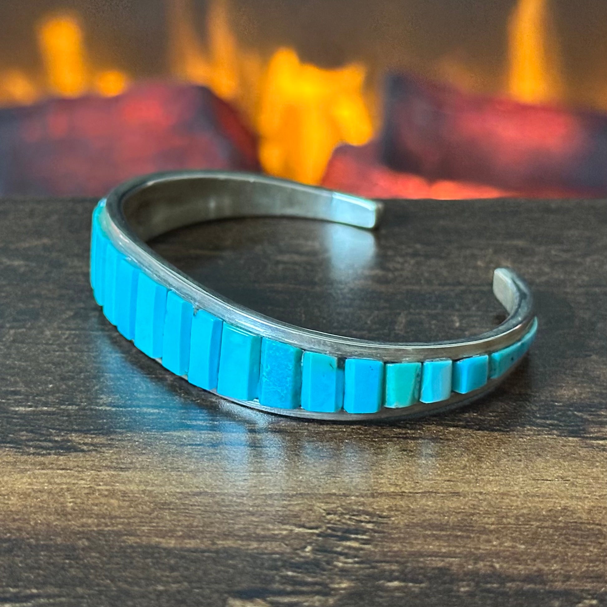 PL Signed Turquoise Sterling Cobblestone Wraparound Inlay Cuff
