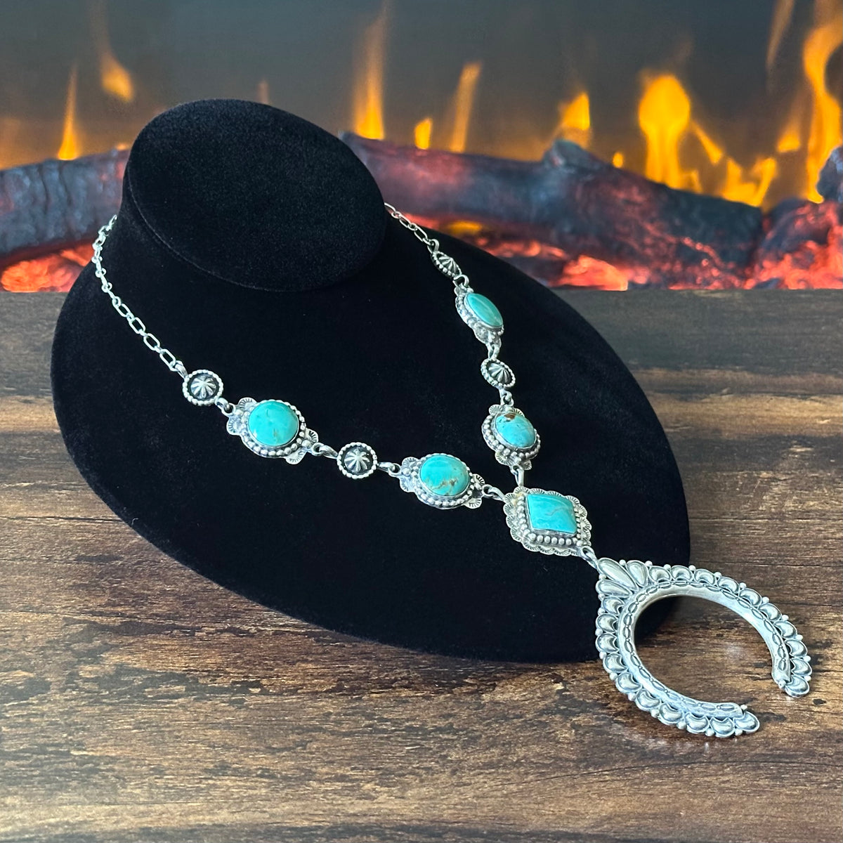 Navajo Charlene Yazzie Turquoise 5 Stone Sterling Hand Stamped Naja Necklace