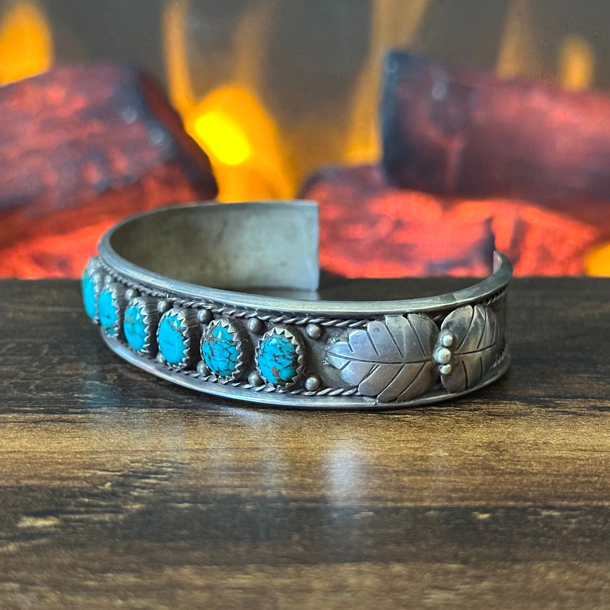 Vintage Turquoise 7 Stone Sterling Raindrop Stacker Leaf Cuff