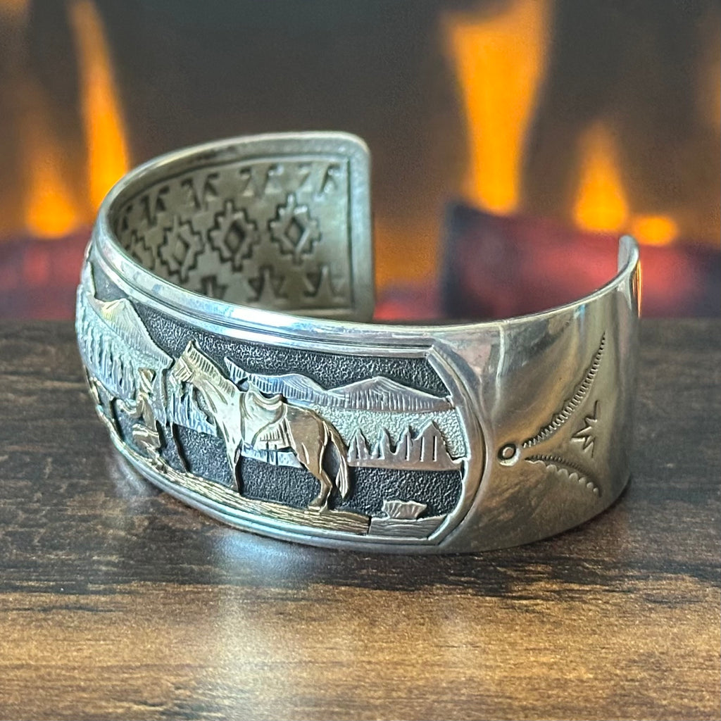 Navajo Delbert Saunders Gold Over Sterling Hand Stamped Horse Storyteller Cuff