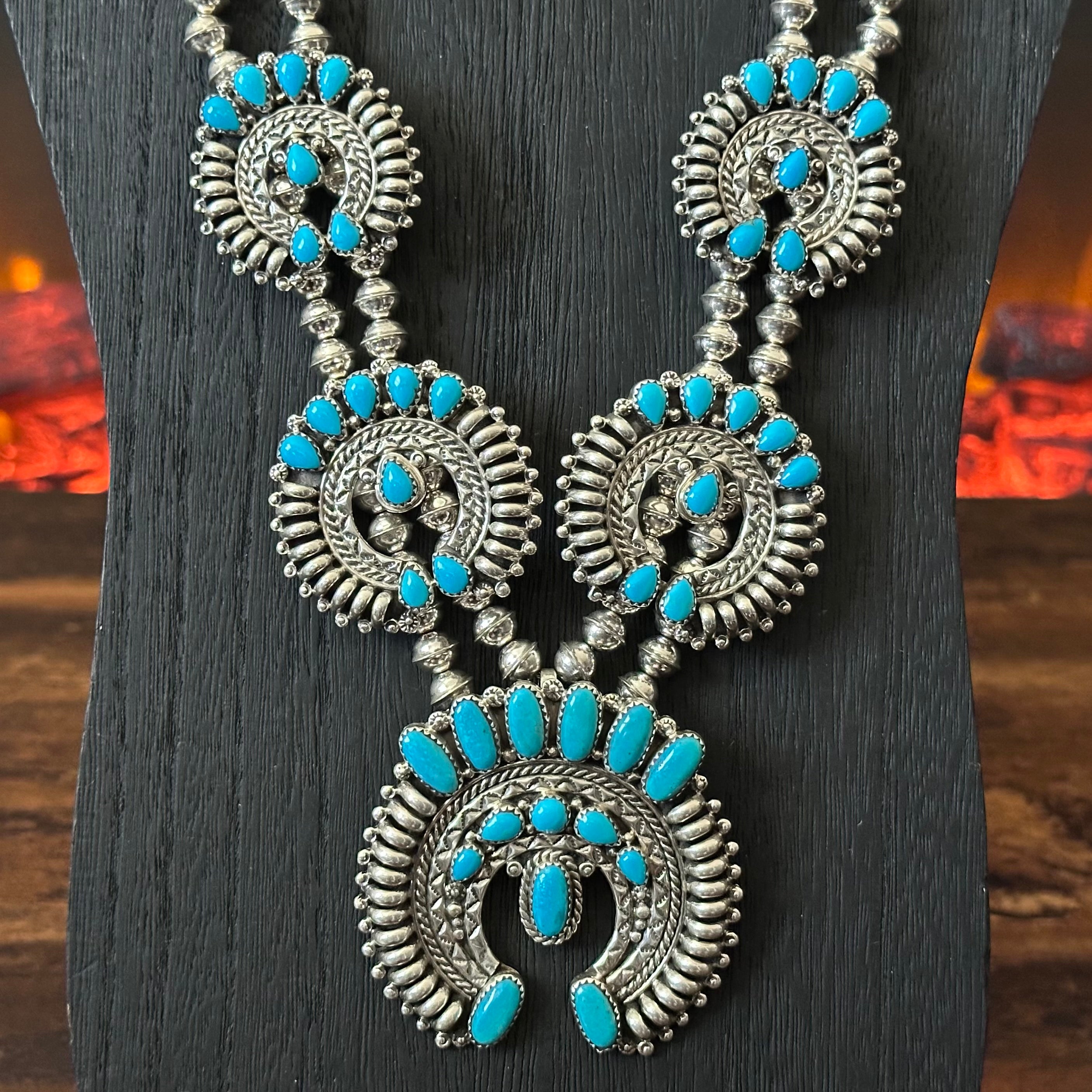 Navajo Nora Tsosie Turquoise 44 Stone Sterling Hand Stamped Petite Point Naja Statement Necklace Earrings Cuff Set