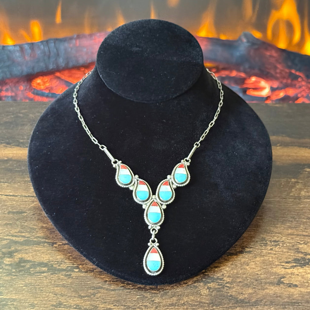 Zuni Lowsayatee 1990s Turquoise Mother of Pearl Red Coral Sterling Inlay Teardrop Necklace
