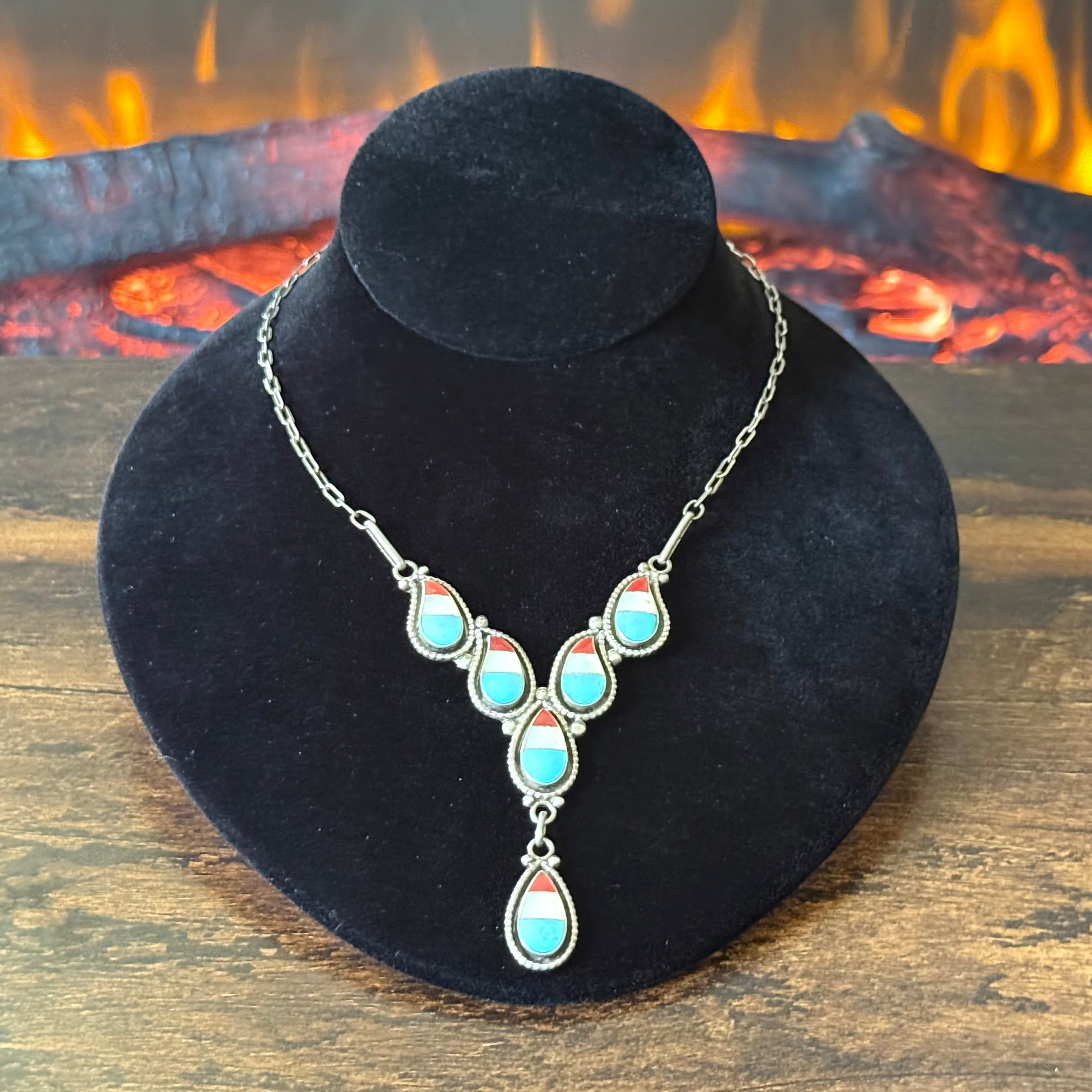 Zuni Lowsayatee 1990s Turquoise Mother of Pearl Red Coral Sterling Inlay Teardrop Necklace