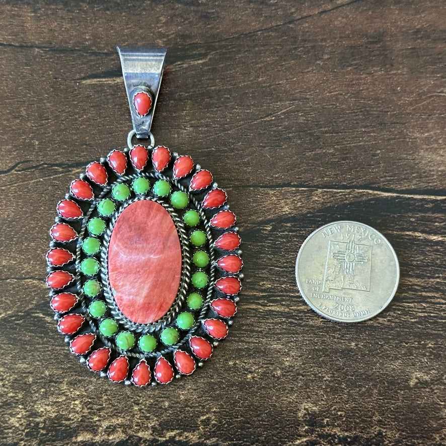 Navajo JW Toadlena Spiny Oyster Gaspeite Red Coral 49 Stone Sterling Cluster Pendant
