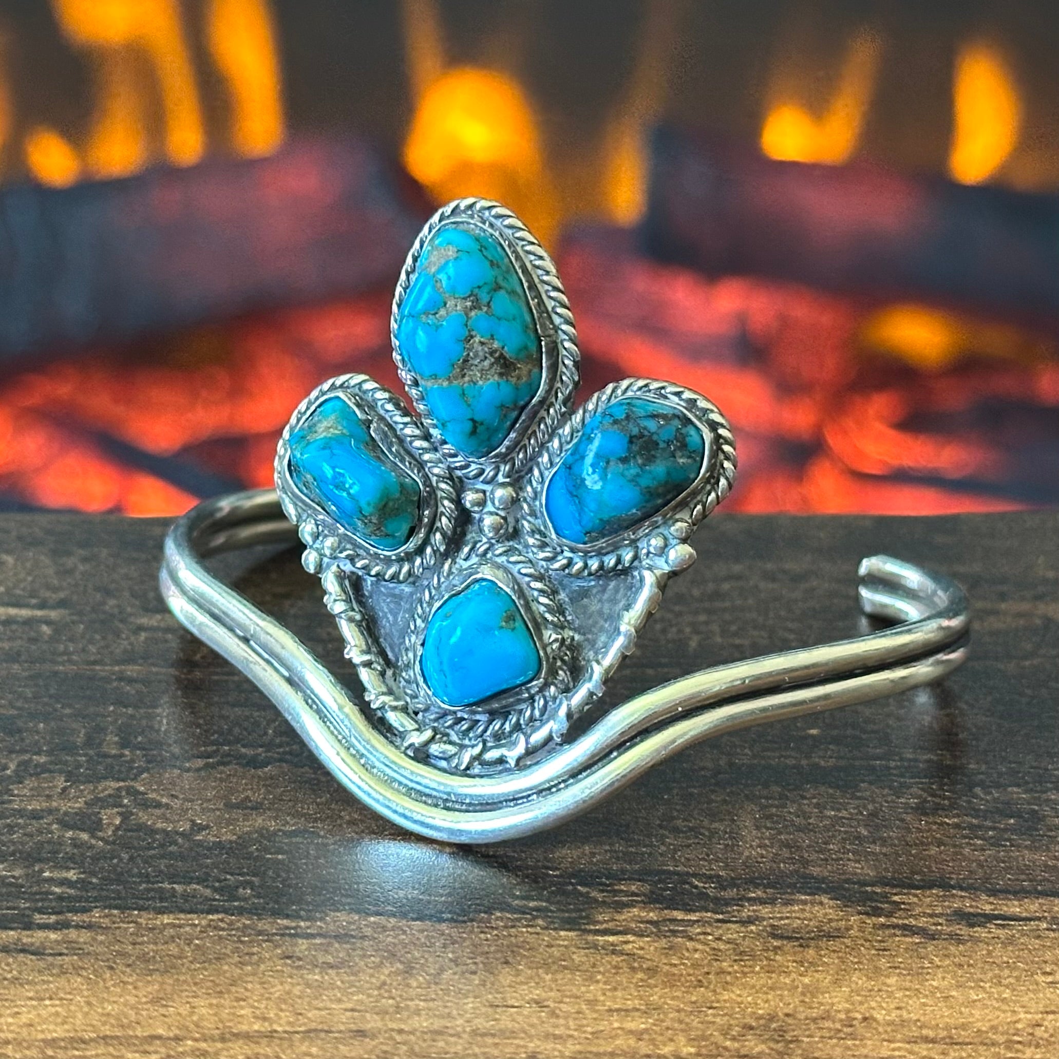 Pictogram Signed 4 Stone Turquoise Sterling Twist Wire Abstract Cuff