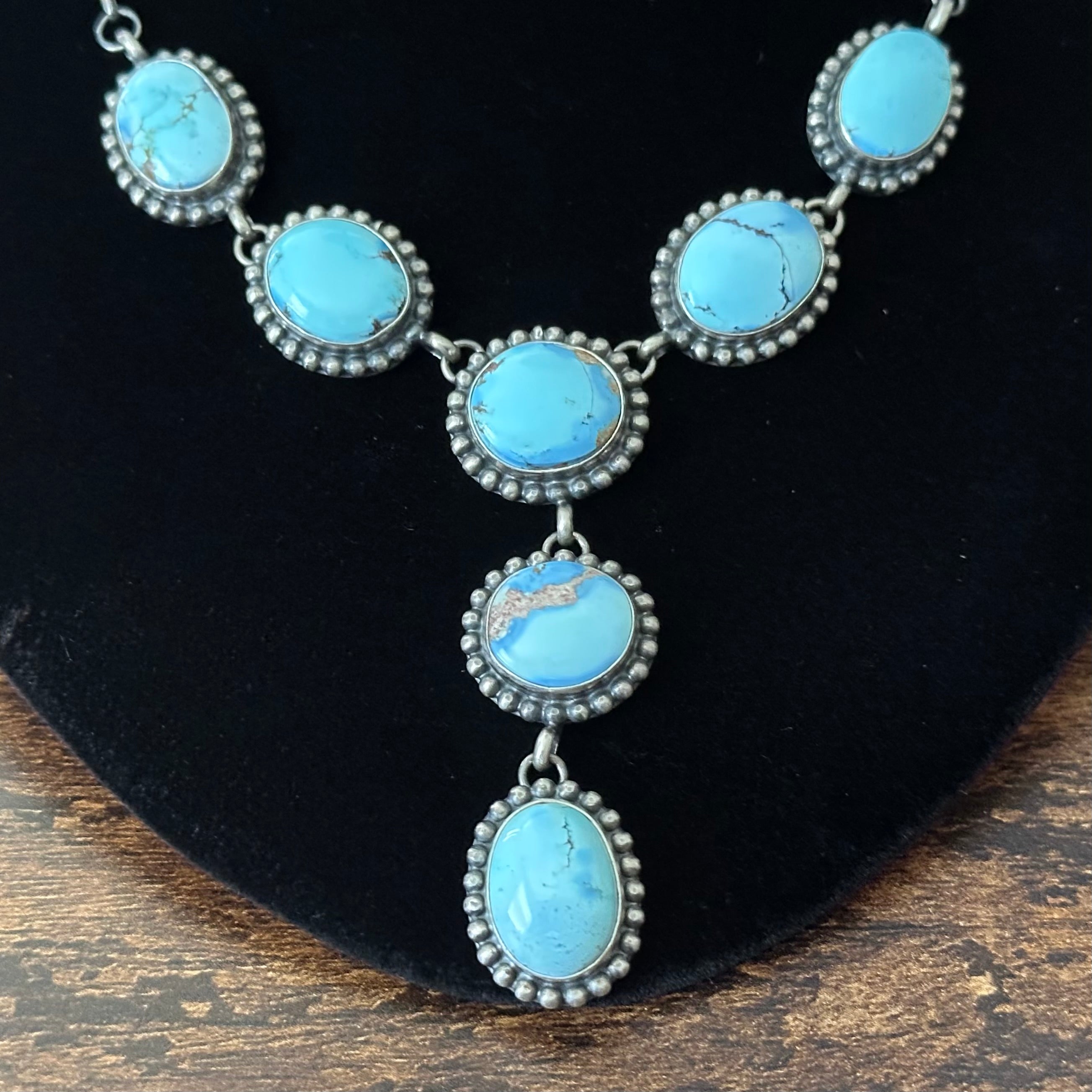Navajo Mary Spencer Golden Hills Turquoise 7 Stone Sterling Lariat Necklace
